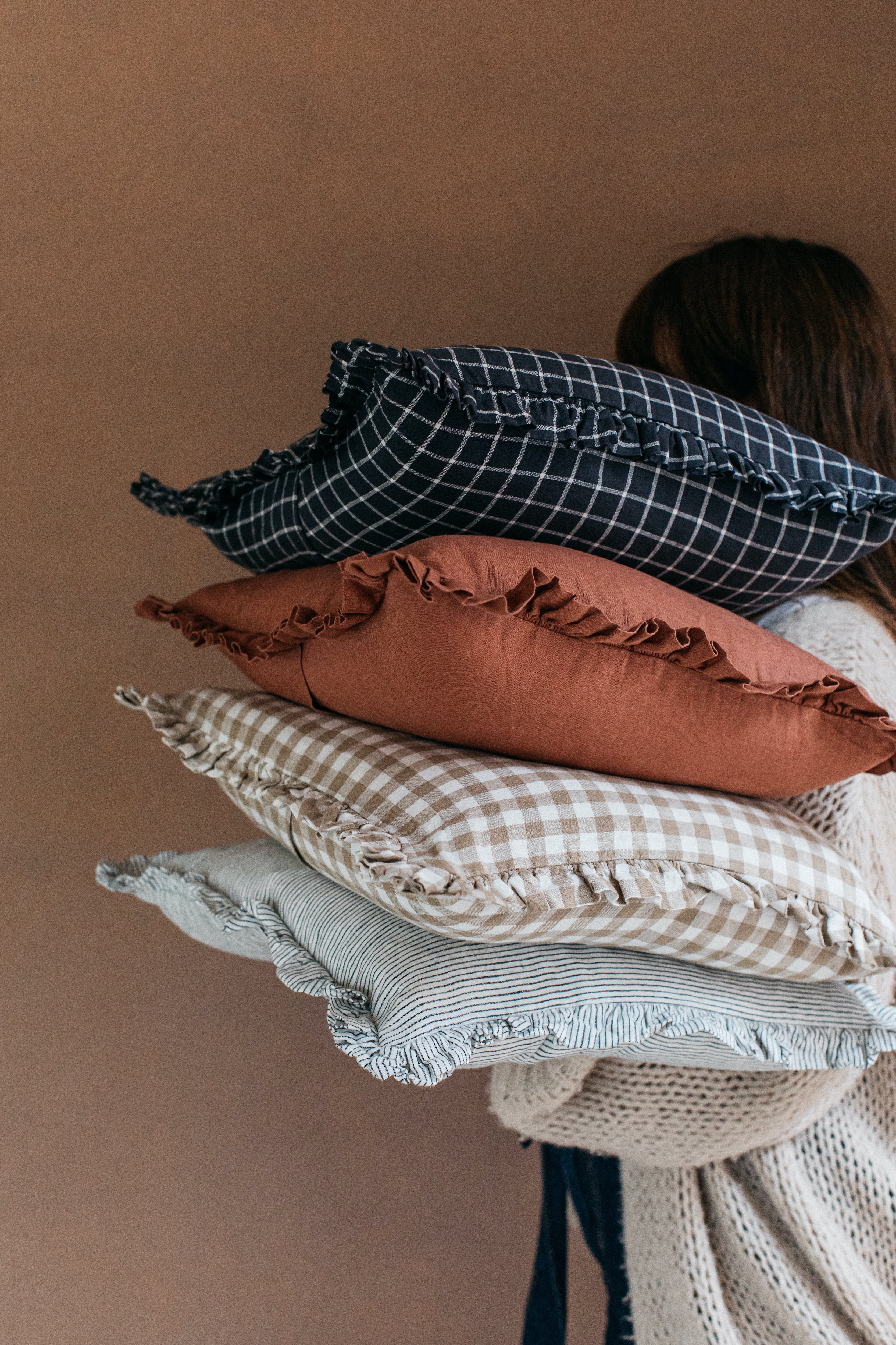 Oli Ruffle Cushion Midnight Grid