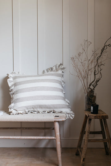 Olivia Ruffle Cushion Natural Stripe