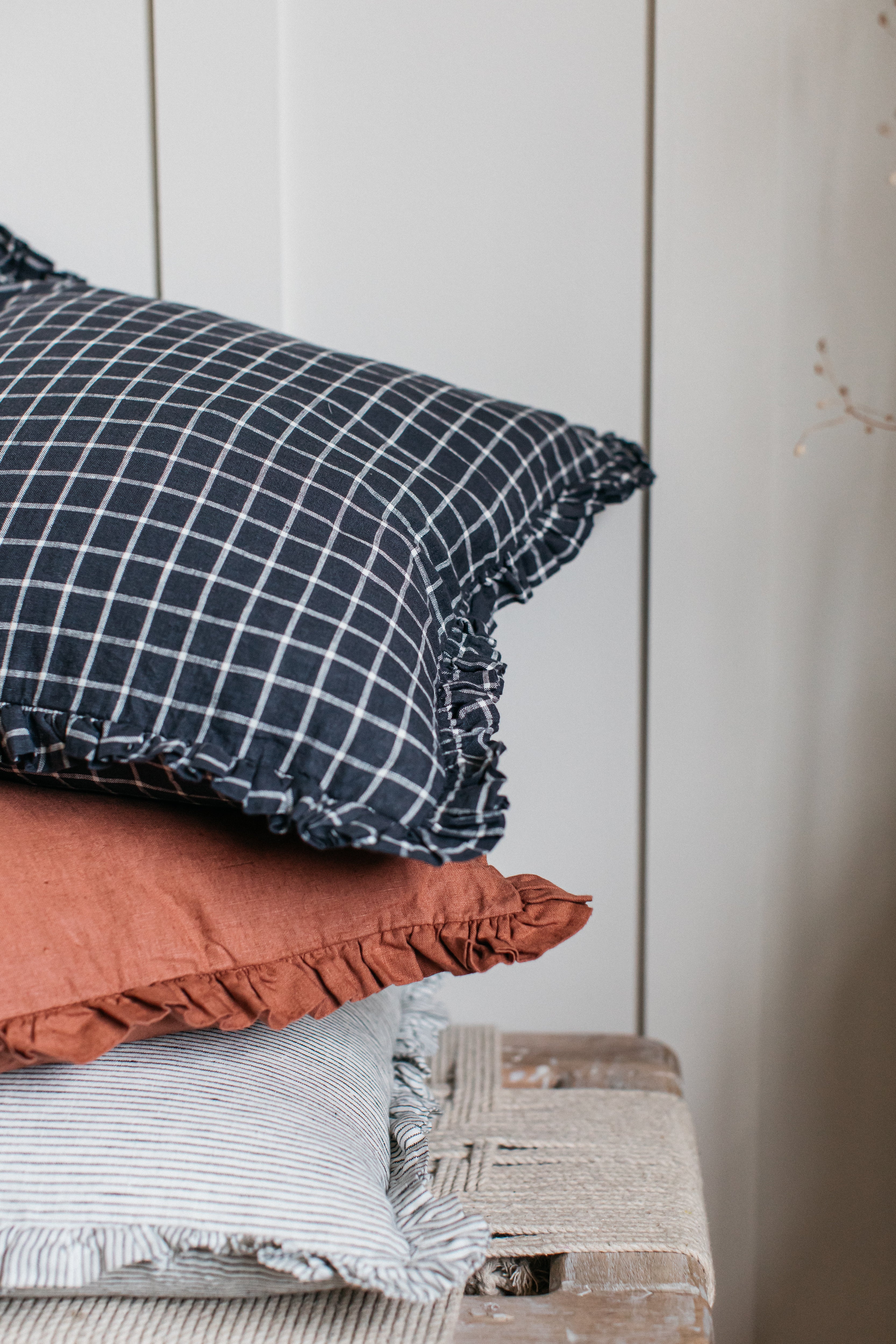 Oli Ruffle Cushion Midnight Grid