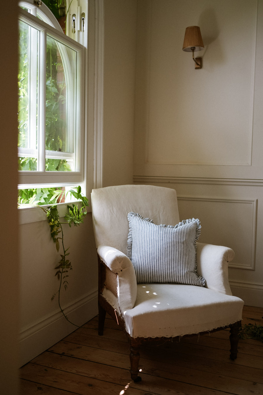 The Provence Ticking Stripe Washed Linen Cushion - Blue