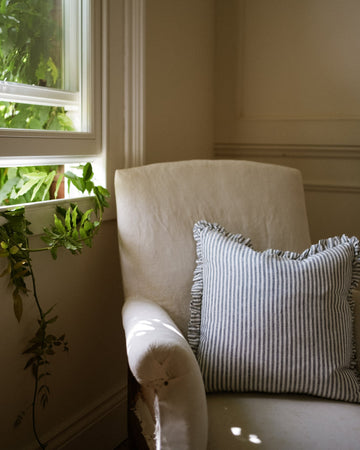 The Provence Ticking Stripe Washed Linen Cushion - Blue