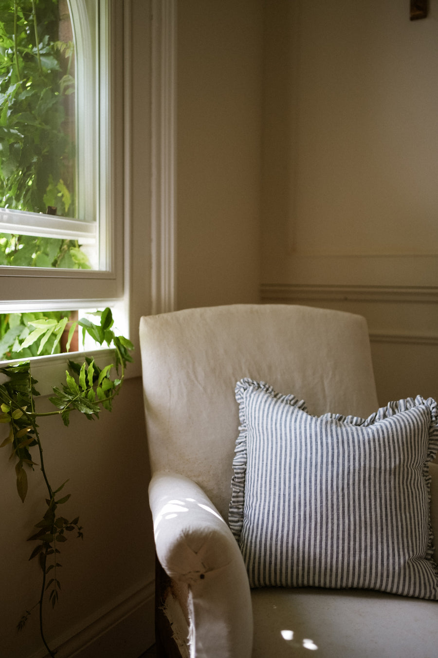 The Provence Ticking Stripe Washed Linen Cushion - Blue