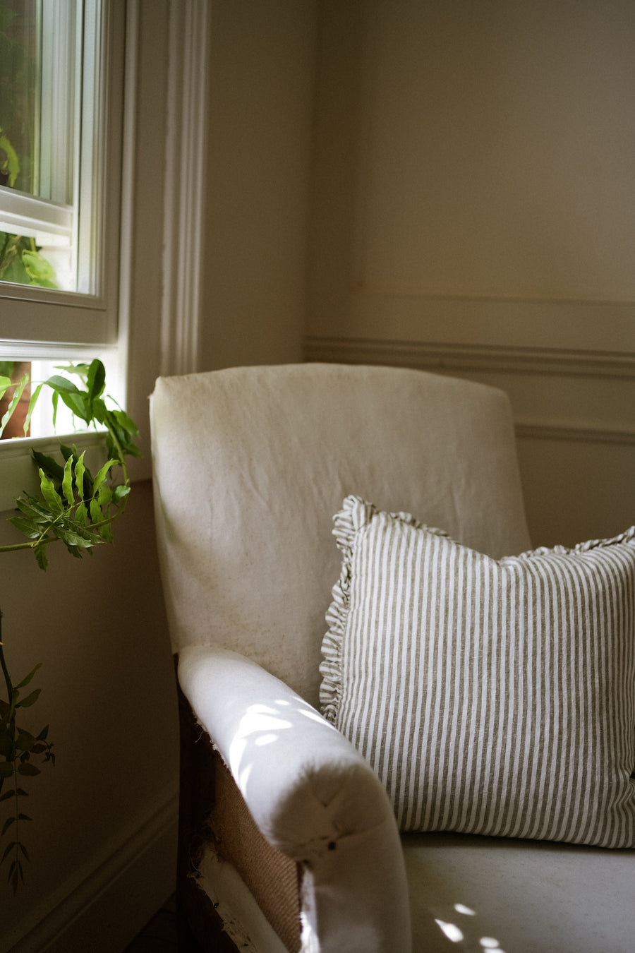 The Provence Ticking Stripe Washed Linen Cushion - Olive