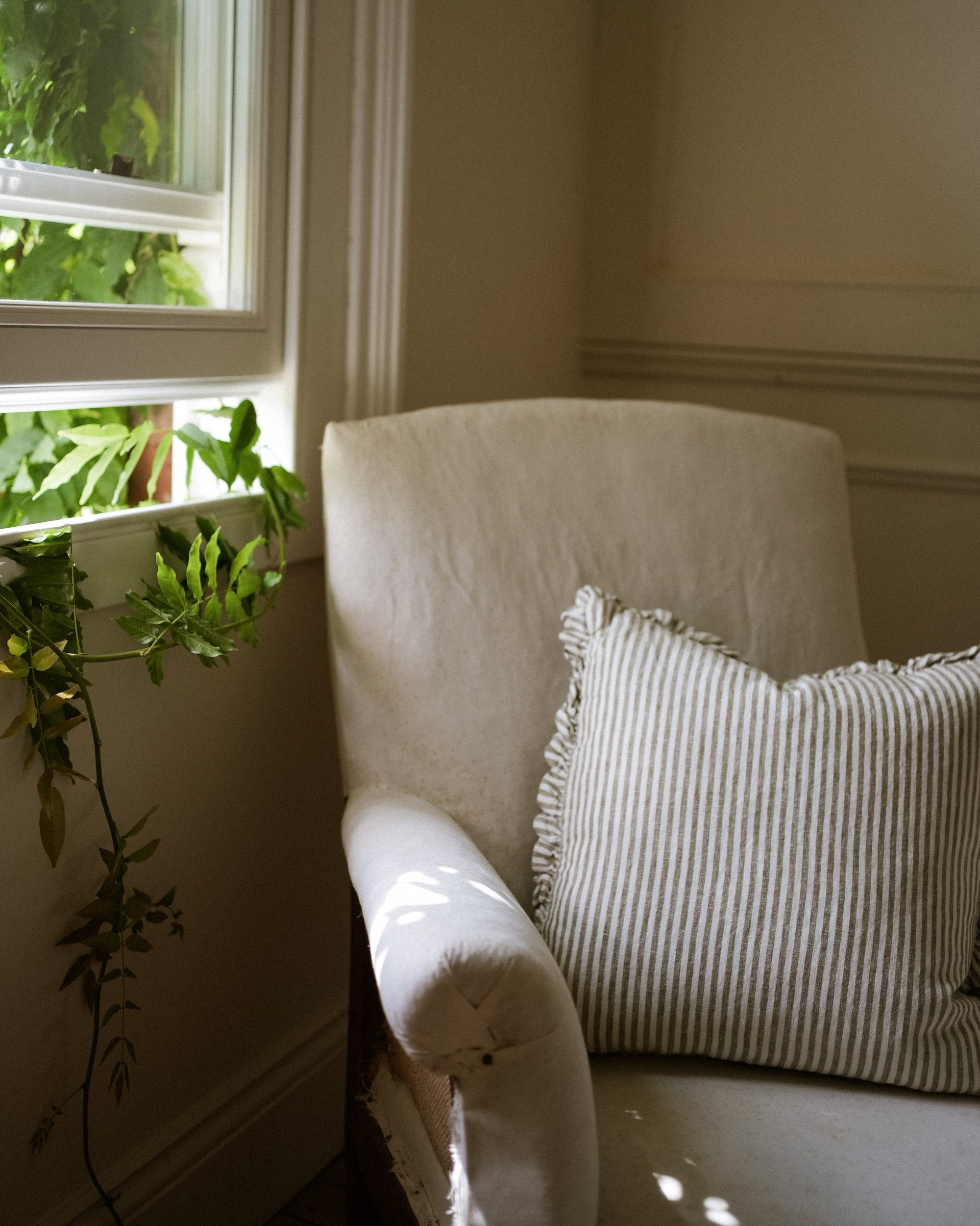 The Provence Ticking Stripe Washed Linen Cushion - Olive