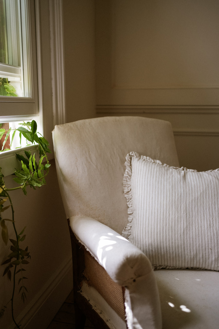 The Provence Ticking Stripe Washed Linen Cushion - Taupe