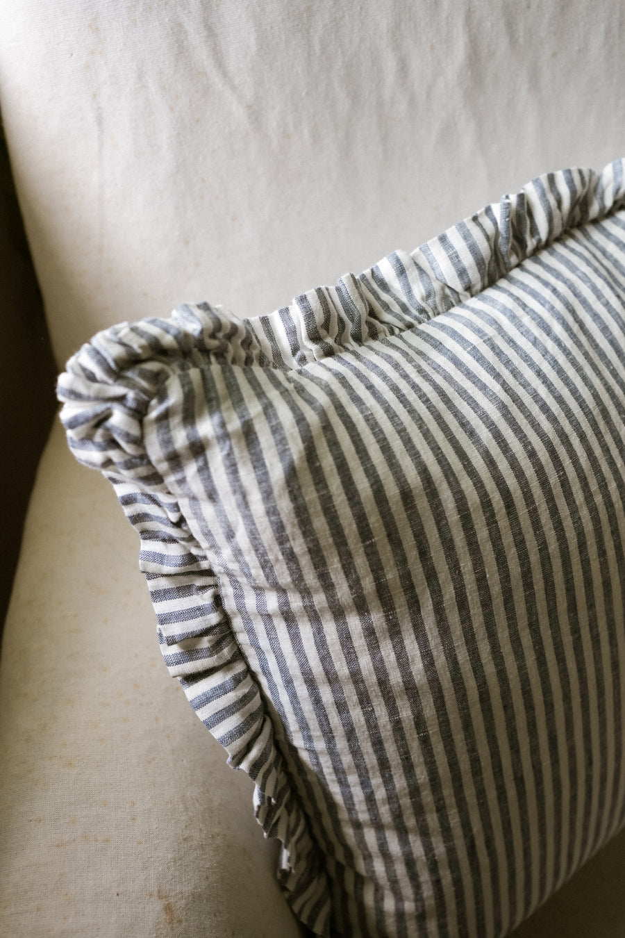 The Provence Ticking Stripe Washed Linen Cushion - Blue