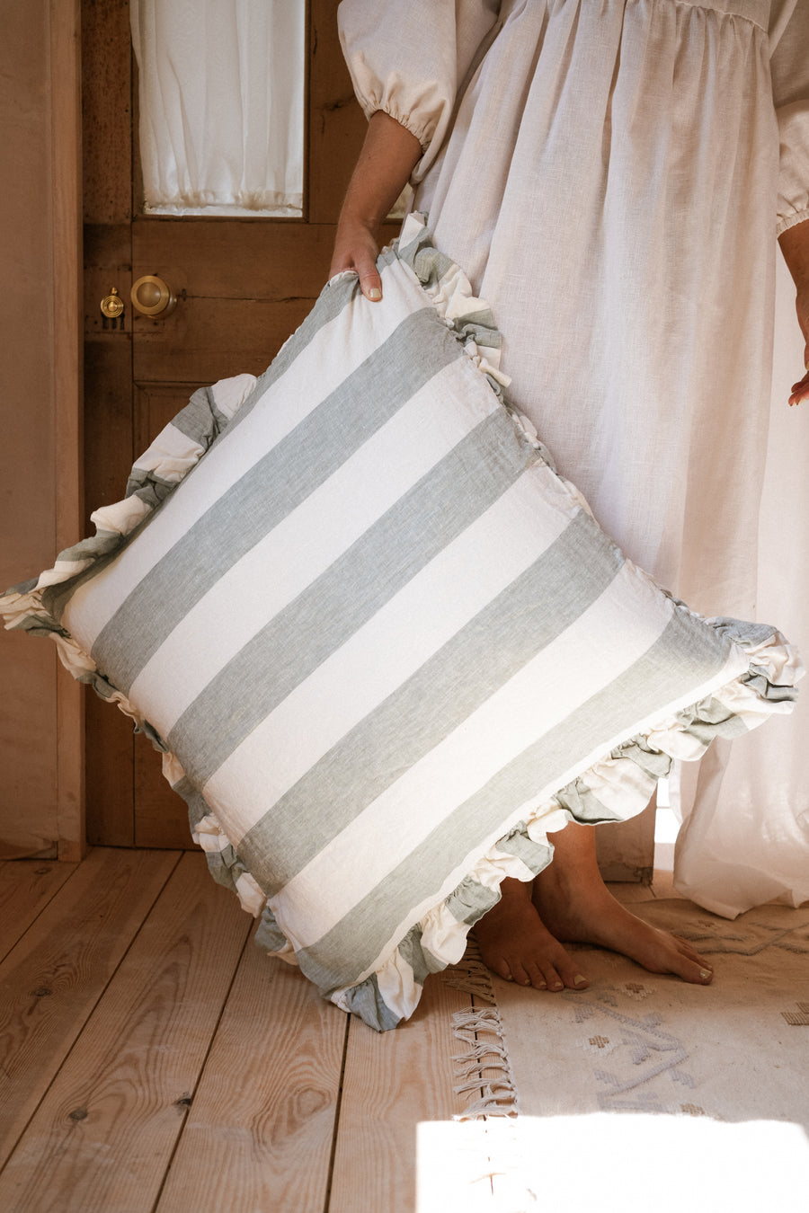 The Brighton Pavilion Bold Stripe Washed Linen Cushion - Green