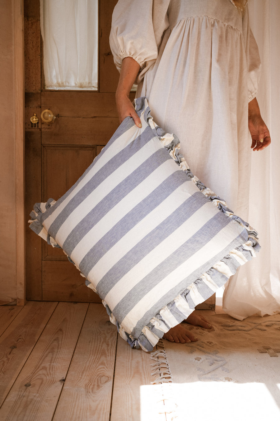 The Brighton Pavilion Bold Stripe Washed Linen Cushion - Blue