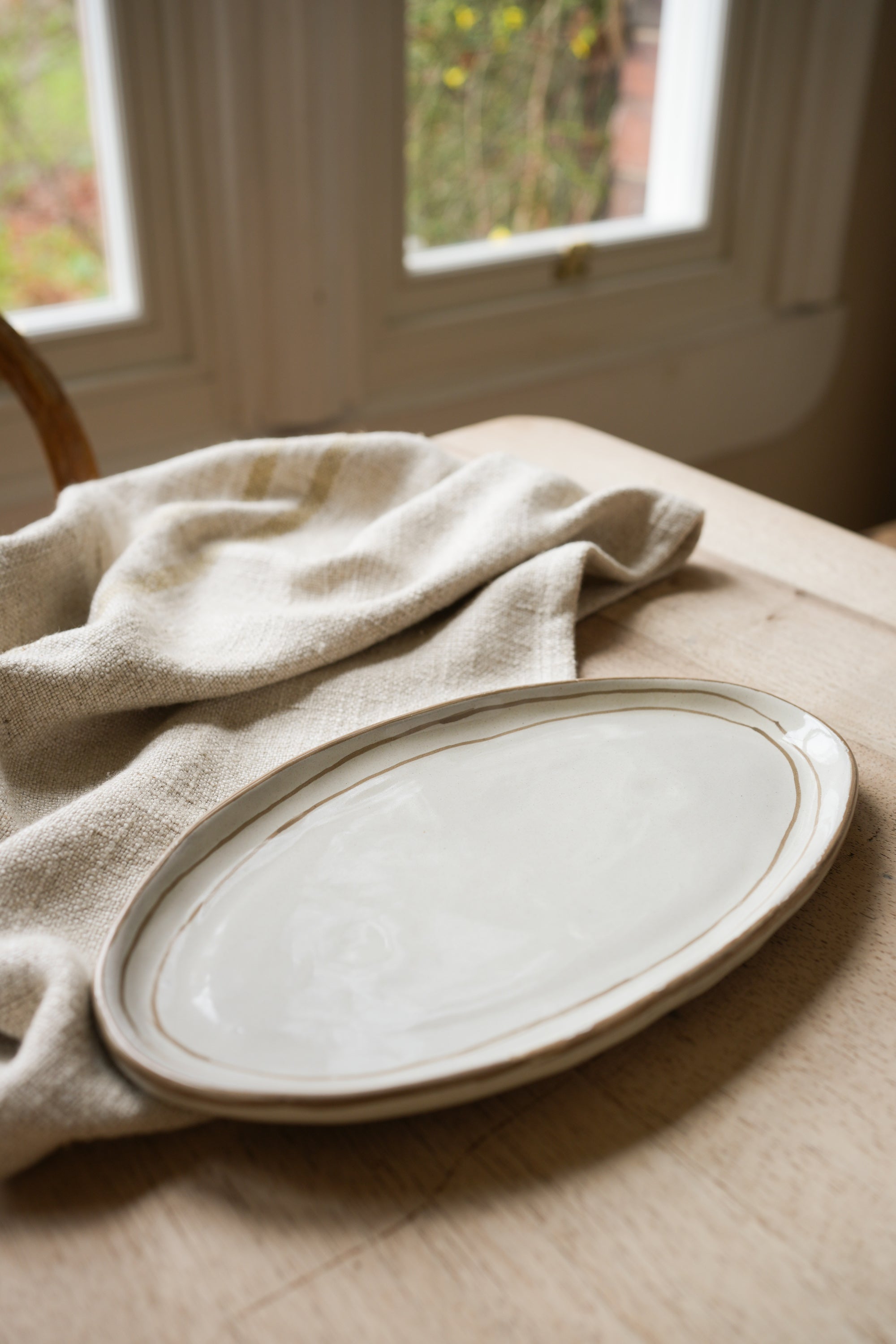 Hand Painted Breton Stripe Oval Plate | Taupe