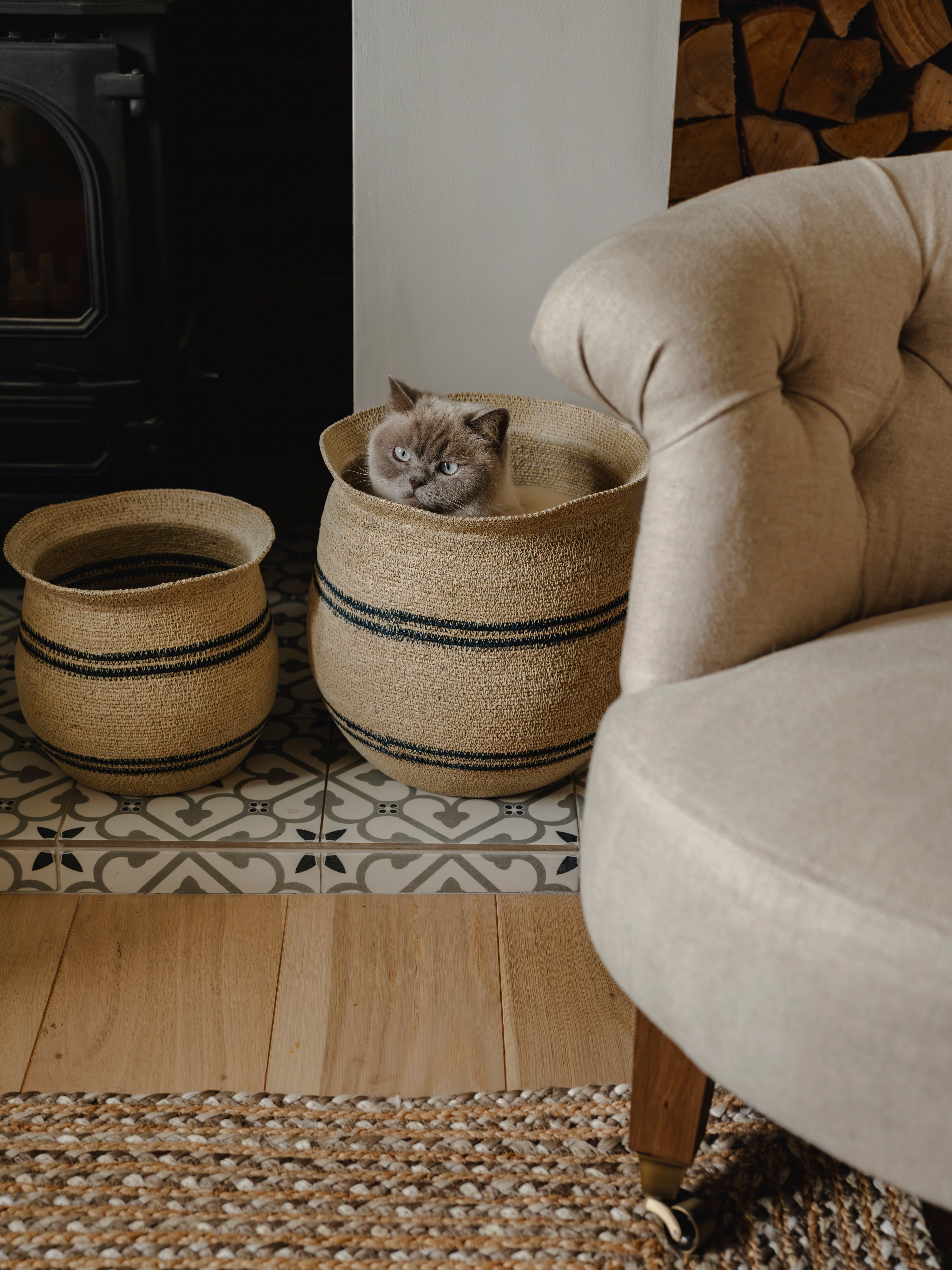 Harbour Stripe Seagrass Belly Baskets | Navy