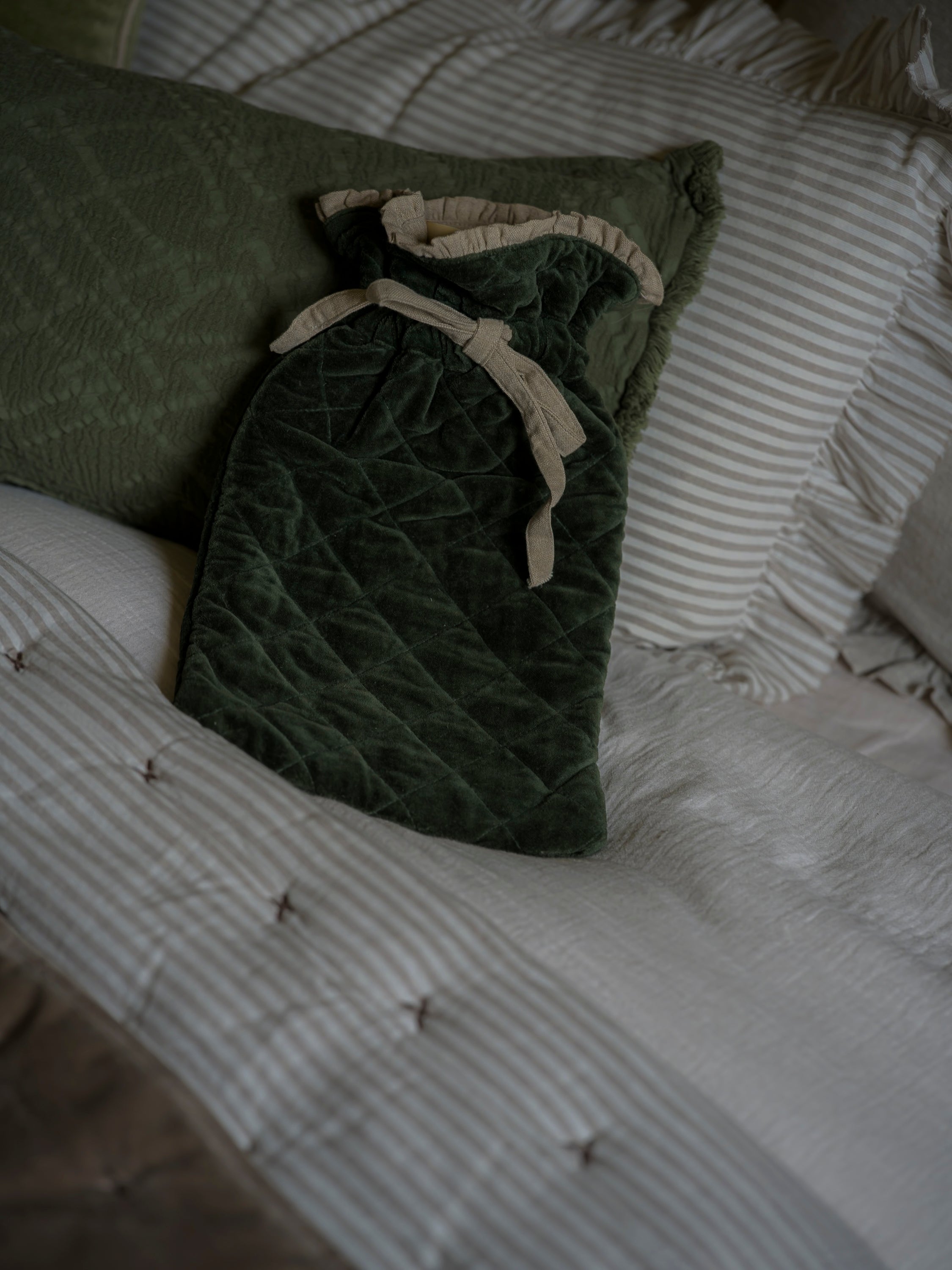 Indian Cotton Velvet Bedspread with Pinstripe reverse | Taupe