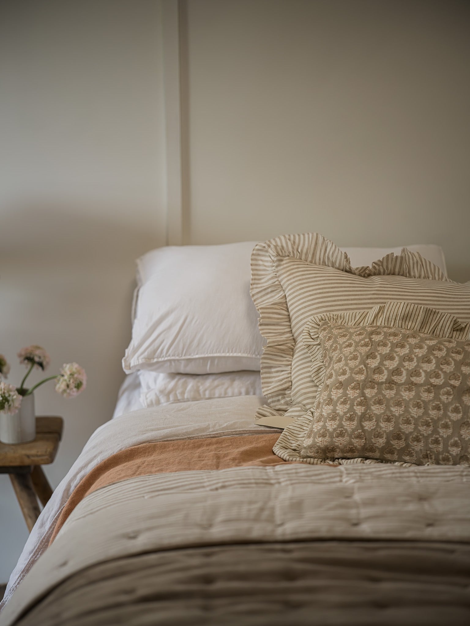 Indian Cotton Velvet Bedspread with Pinstripe reverse | Taupe