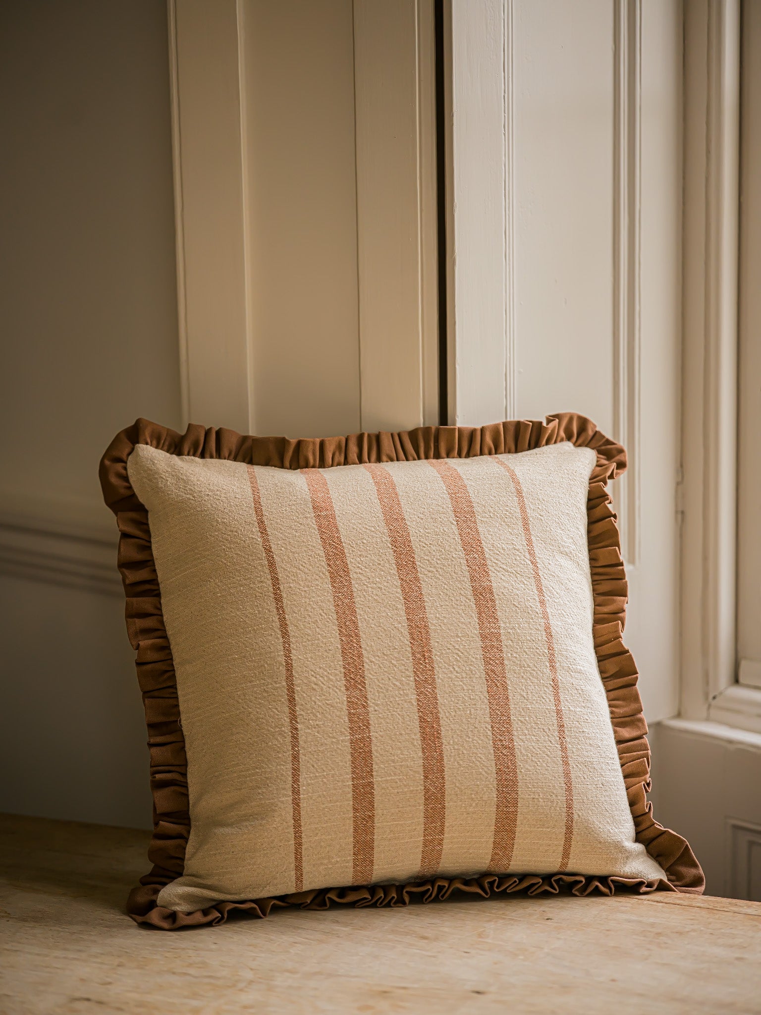 The Rustic Stripe Frilly Edge Cushion 45x45cm | Brick