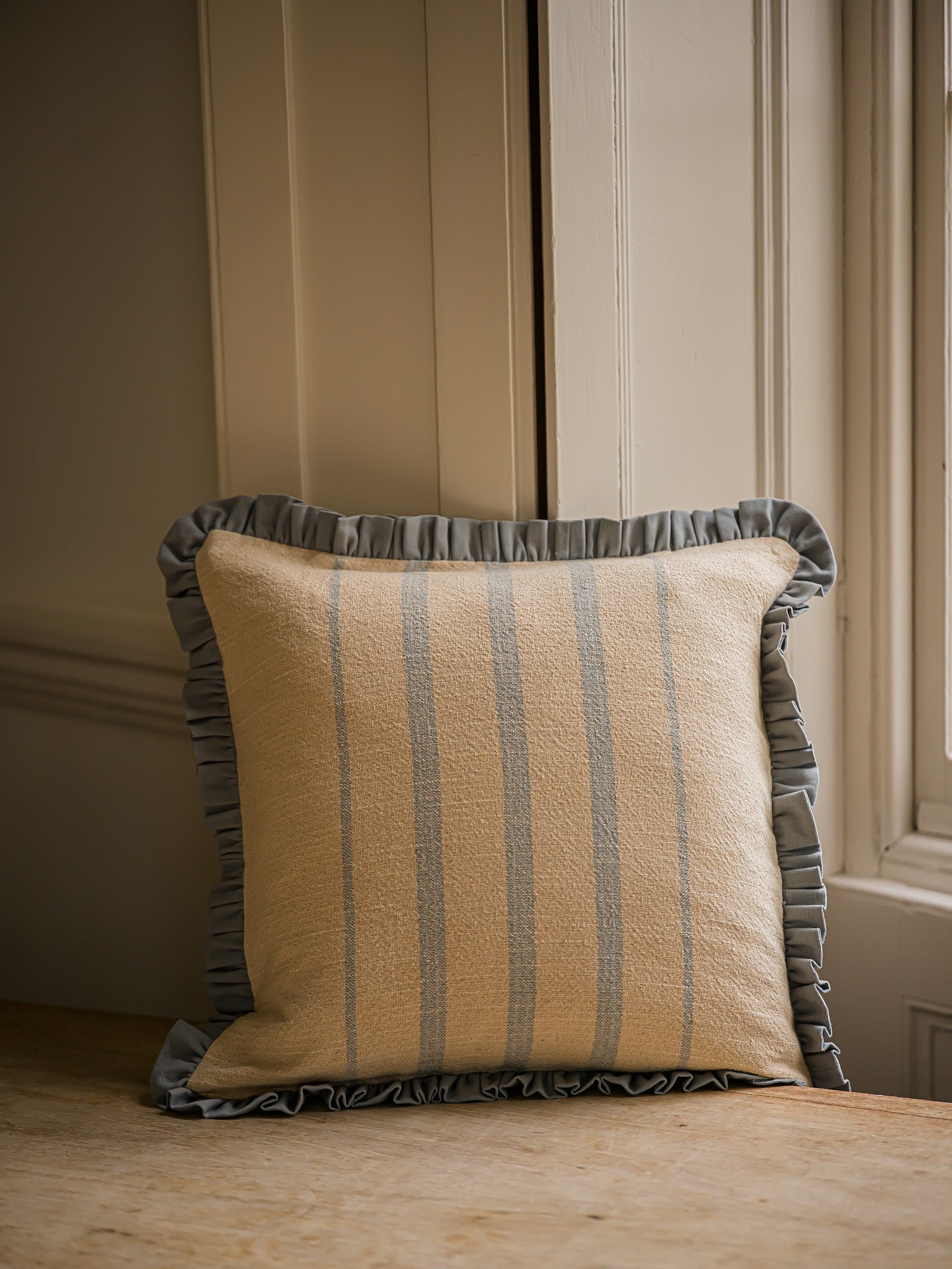 The Rustic Stripe Frilly Edge Cushion 45x45cm | Denim