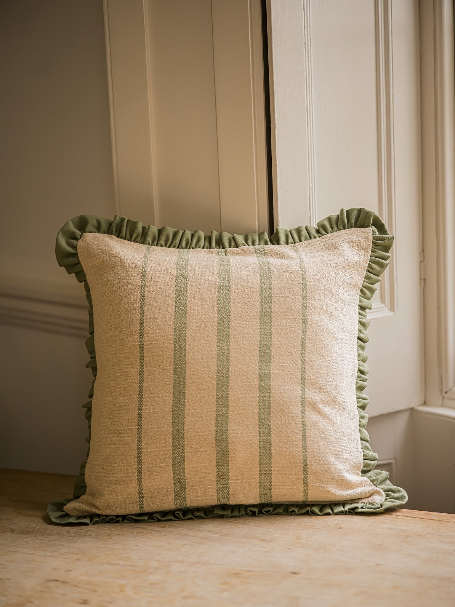 The Rustic Stripe Frilly Edge Cushion 45x45cm | Sage