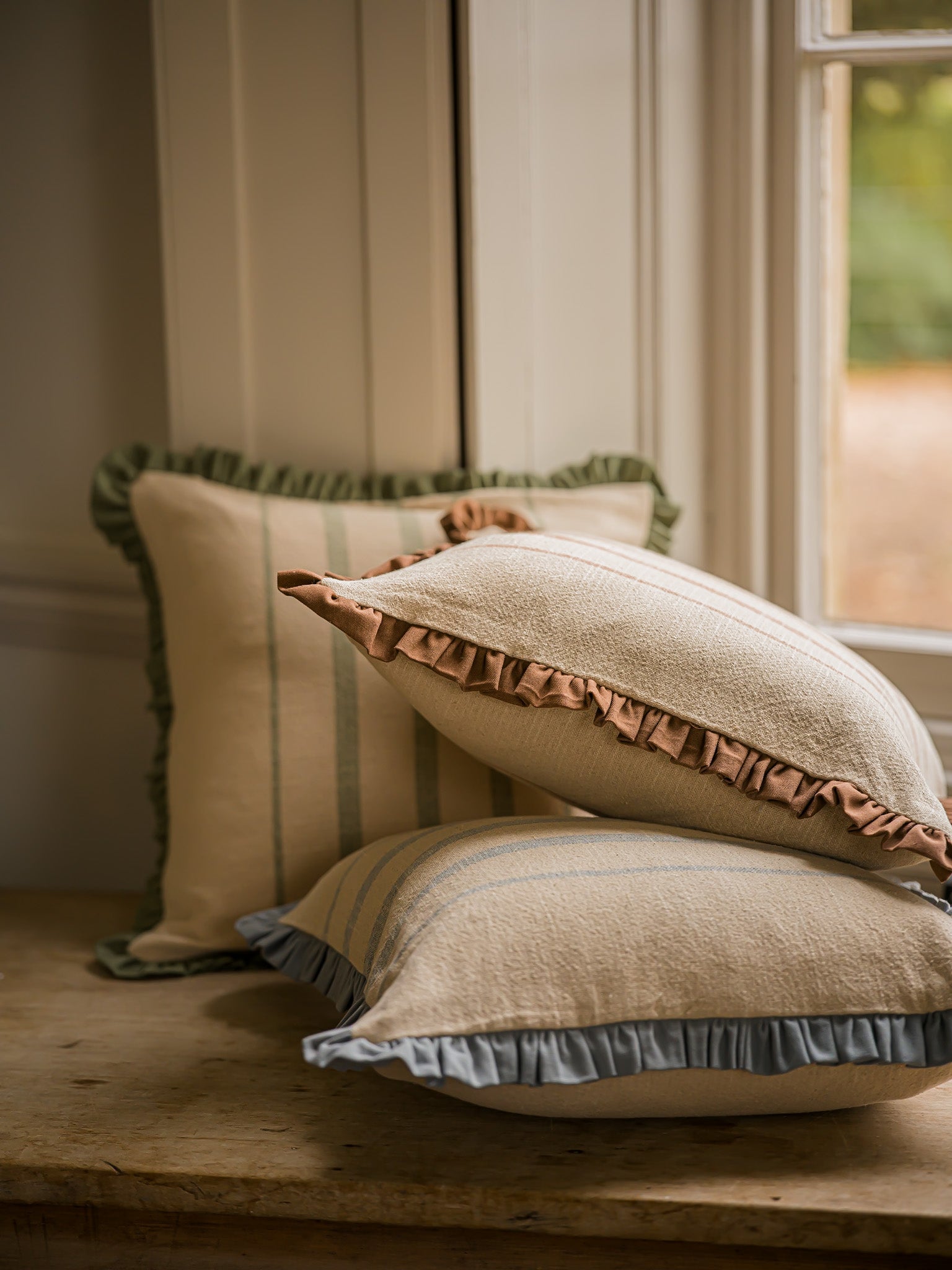 The Rustic Stripe Frilly Edge Cushion 45x45cm | Brick