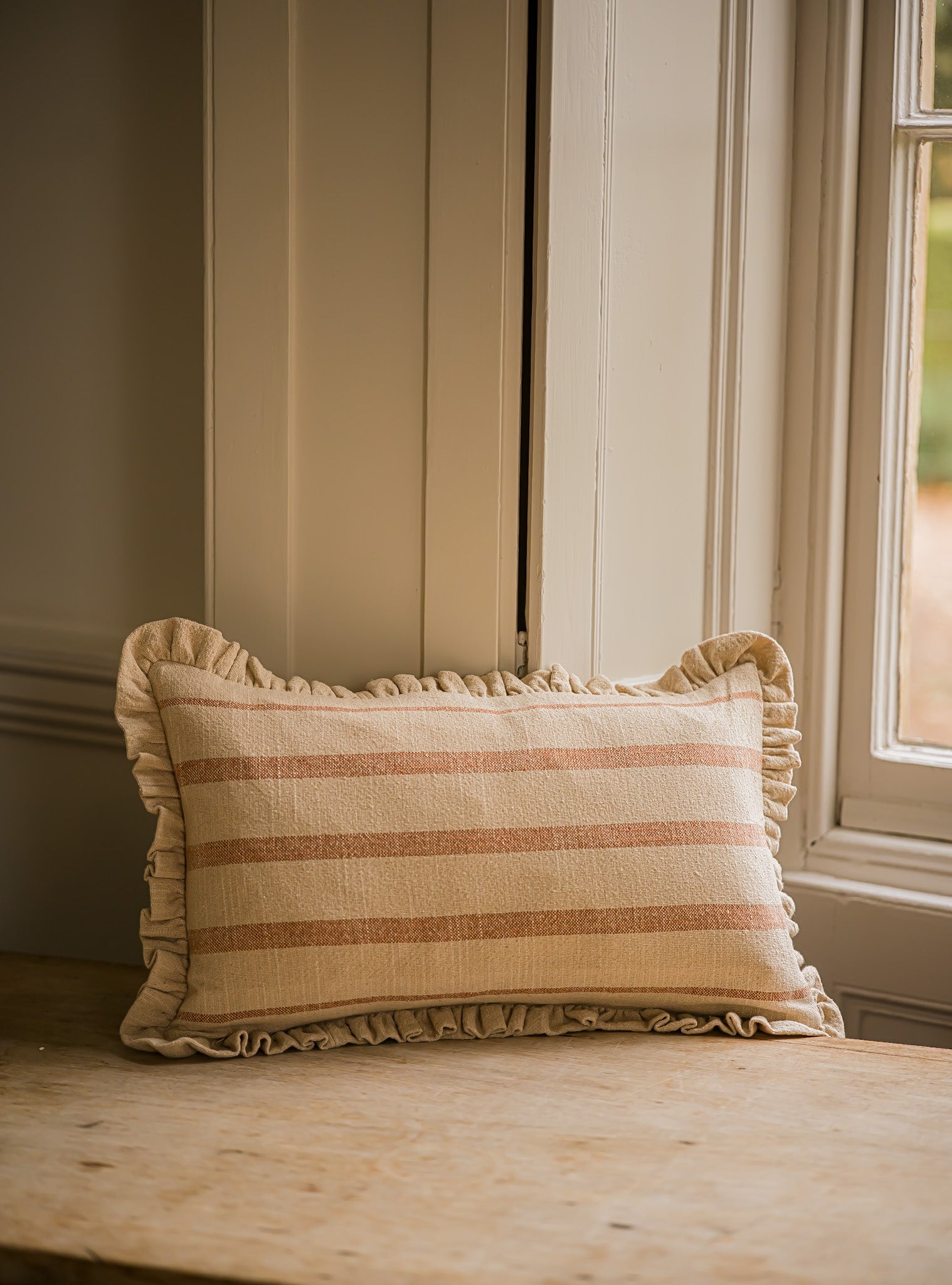 The Rustic Stripe Frilly Edge Cushion 30x50cm | Brick
