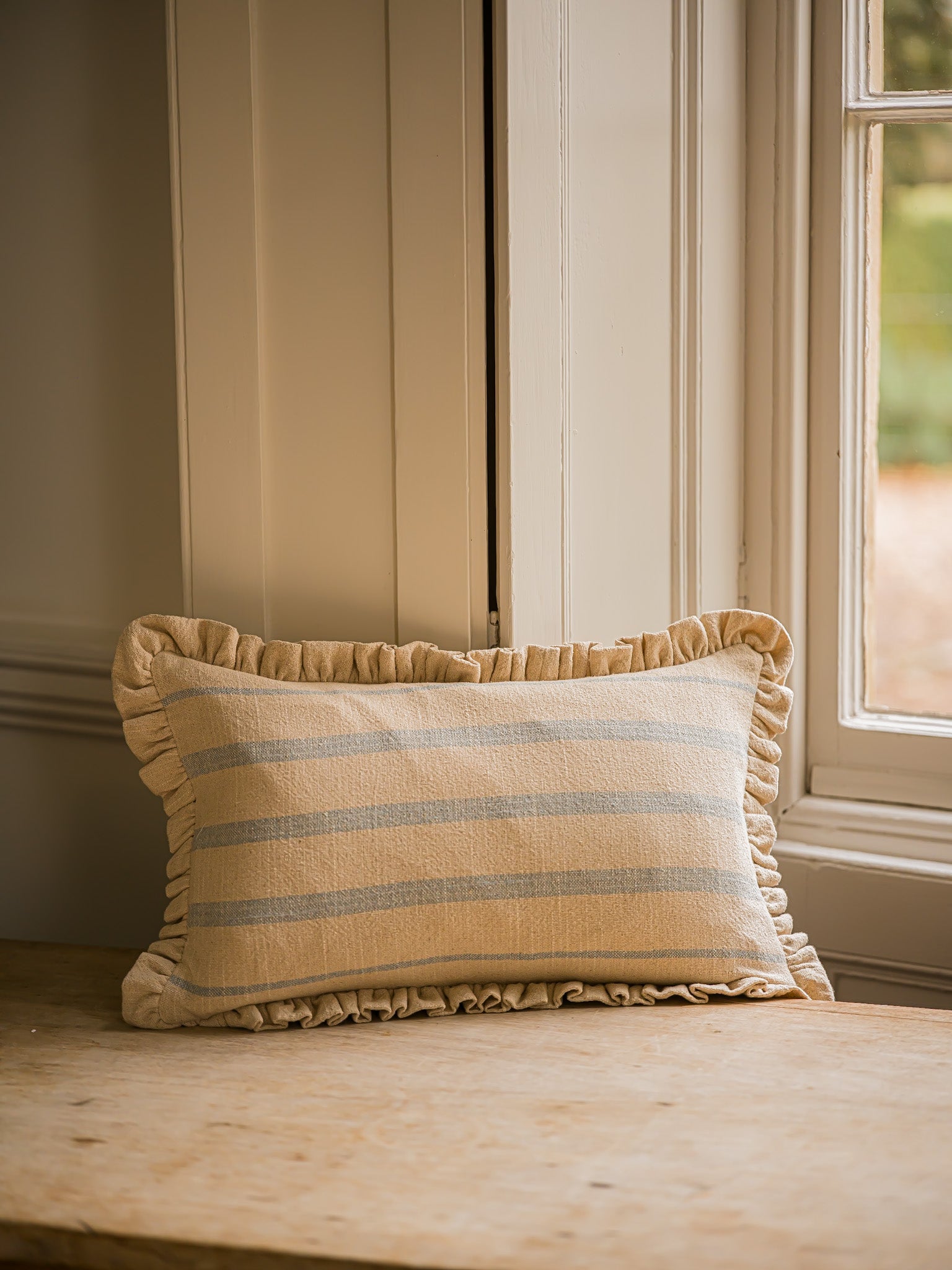 The Rustic Stripe Frilly Edge Cushion 30x50cm | Denim
