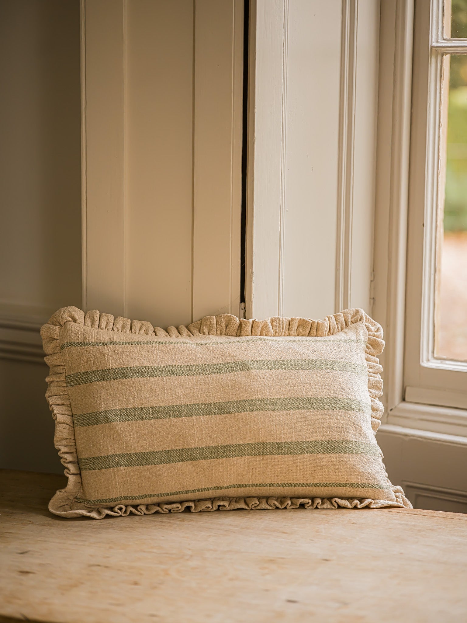 The Rustic Stripe Frilly Edge Cushion 30x50cm | Sage