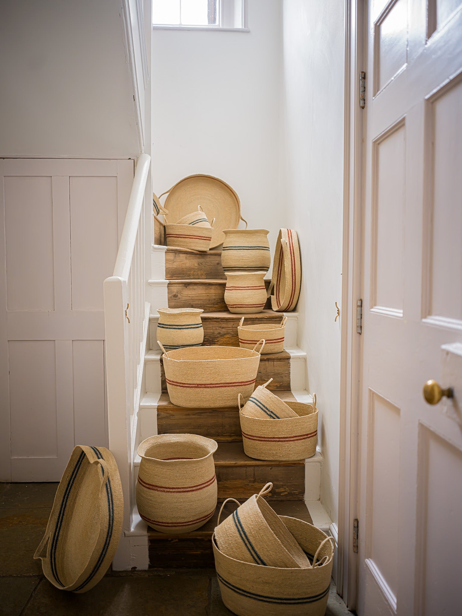 Harbour Stripe Seagrass Oval Baskets | Red