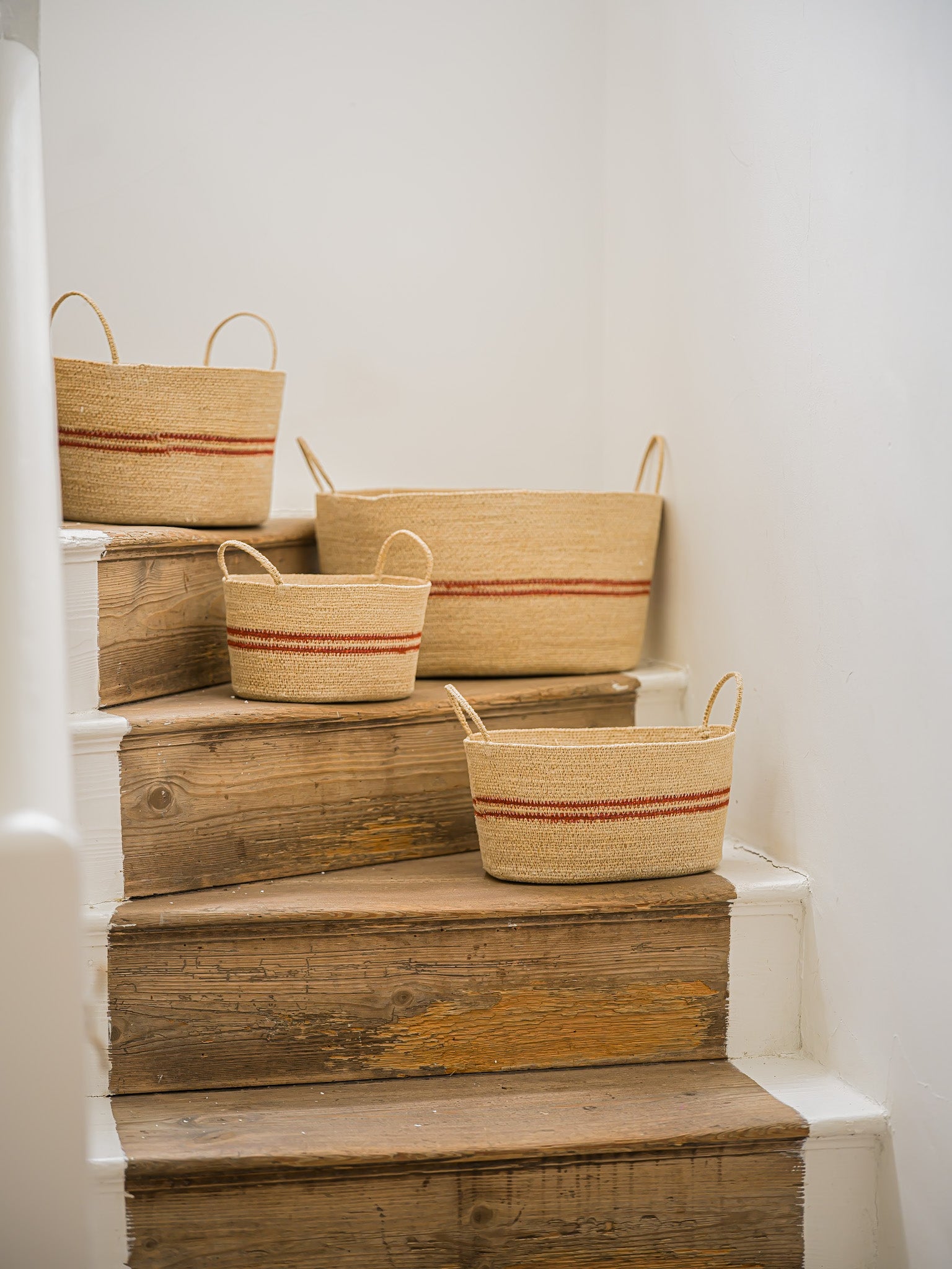 Harbour Stripe Seagrass Oval Baskets | Red