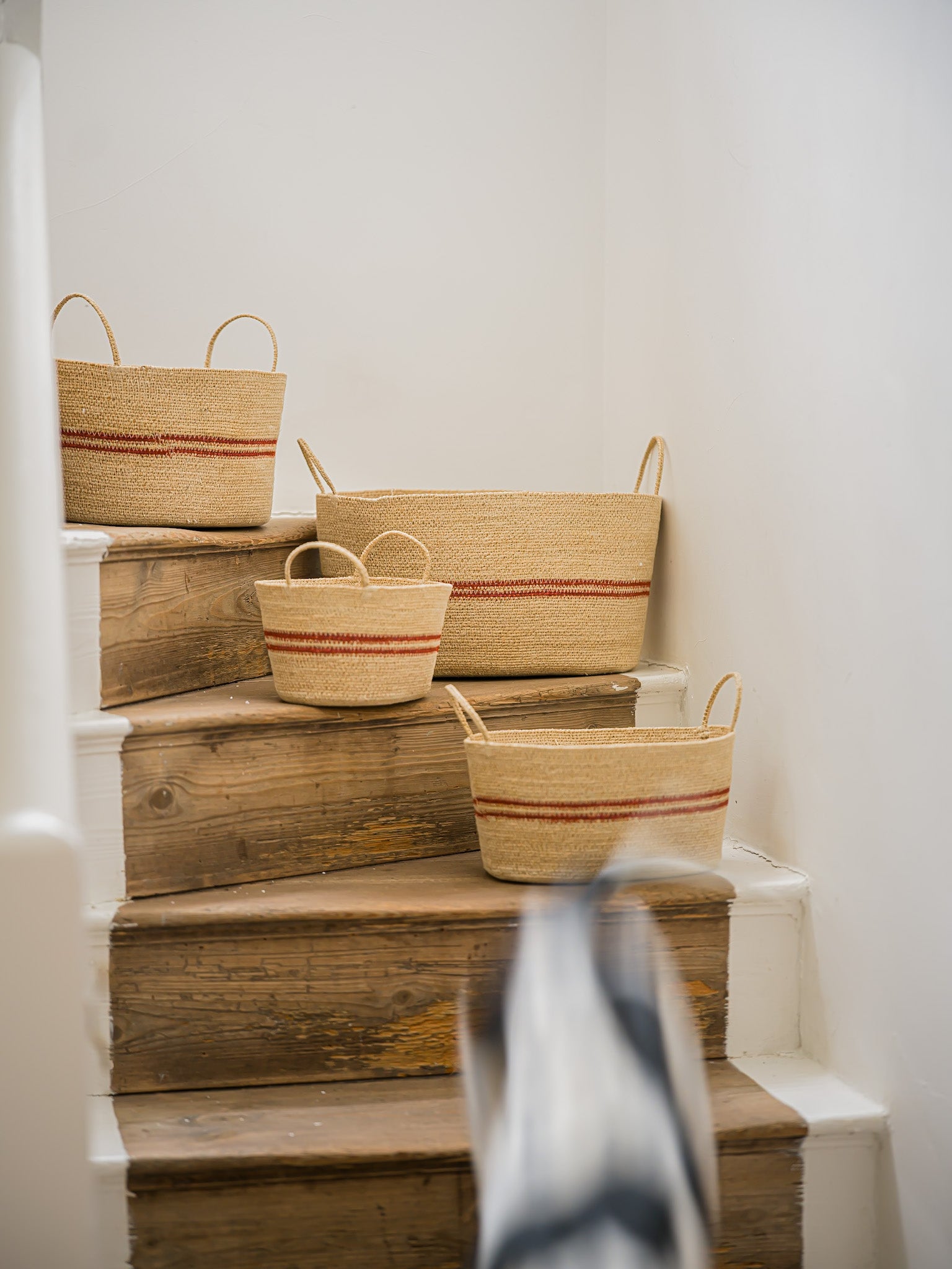 Harbour Stripe Seagrass Oval Baskets | Red