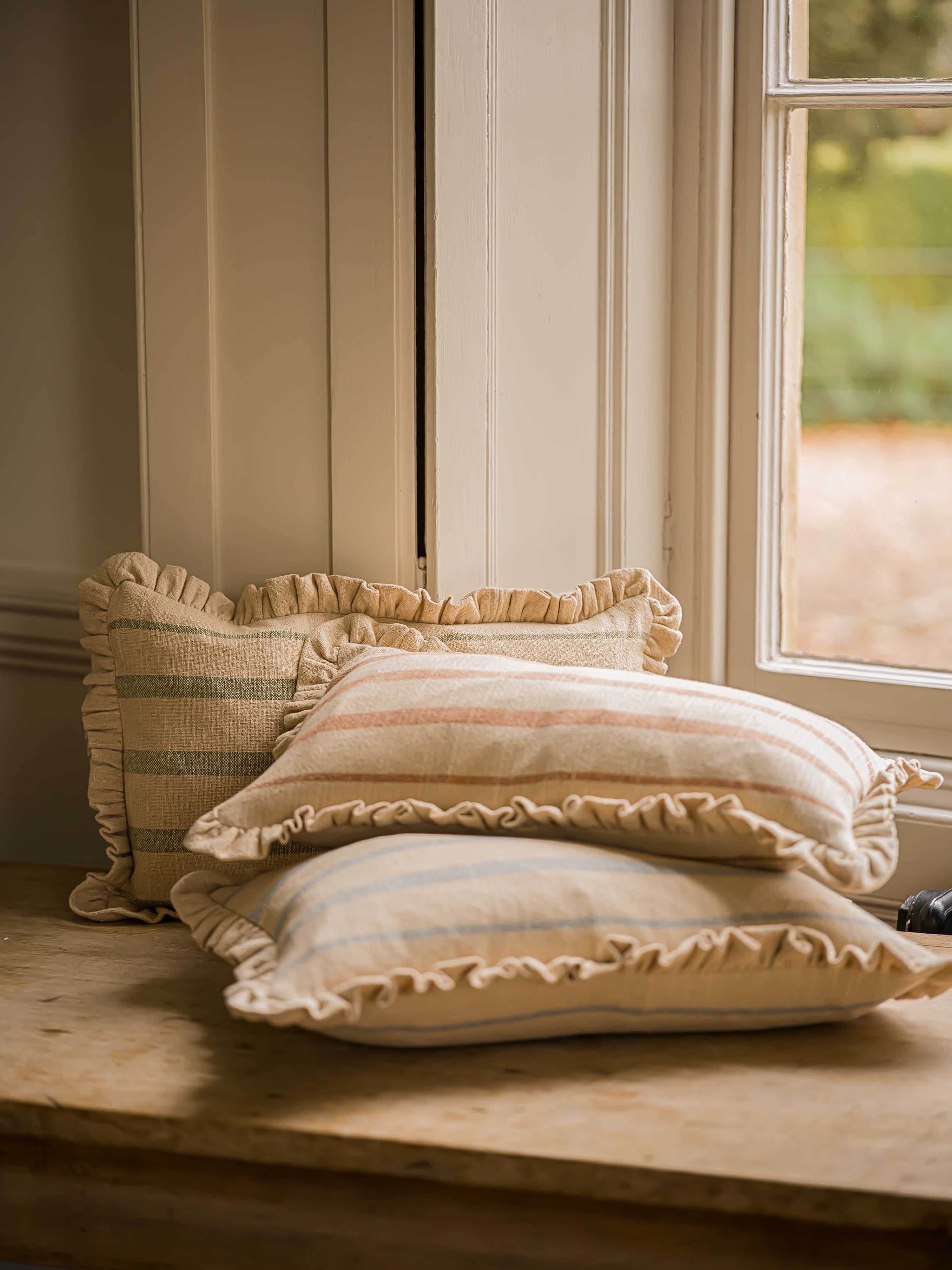 The Rustic Stripe Frilly Edge Cushion 30x50cm | Denim