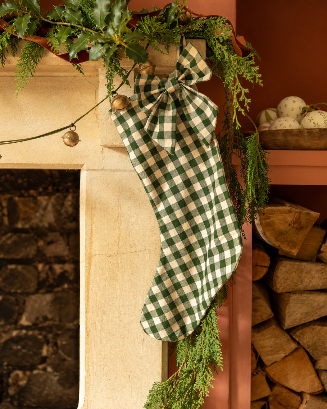 The Bow Stocking - Gingham in Pine Green