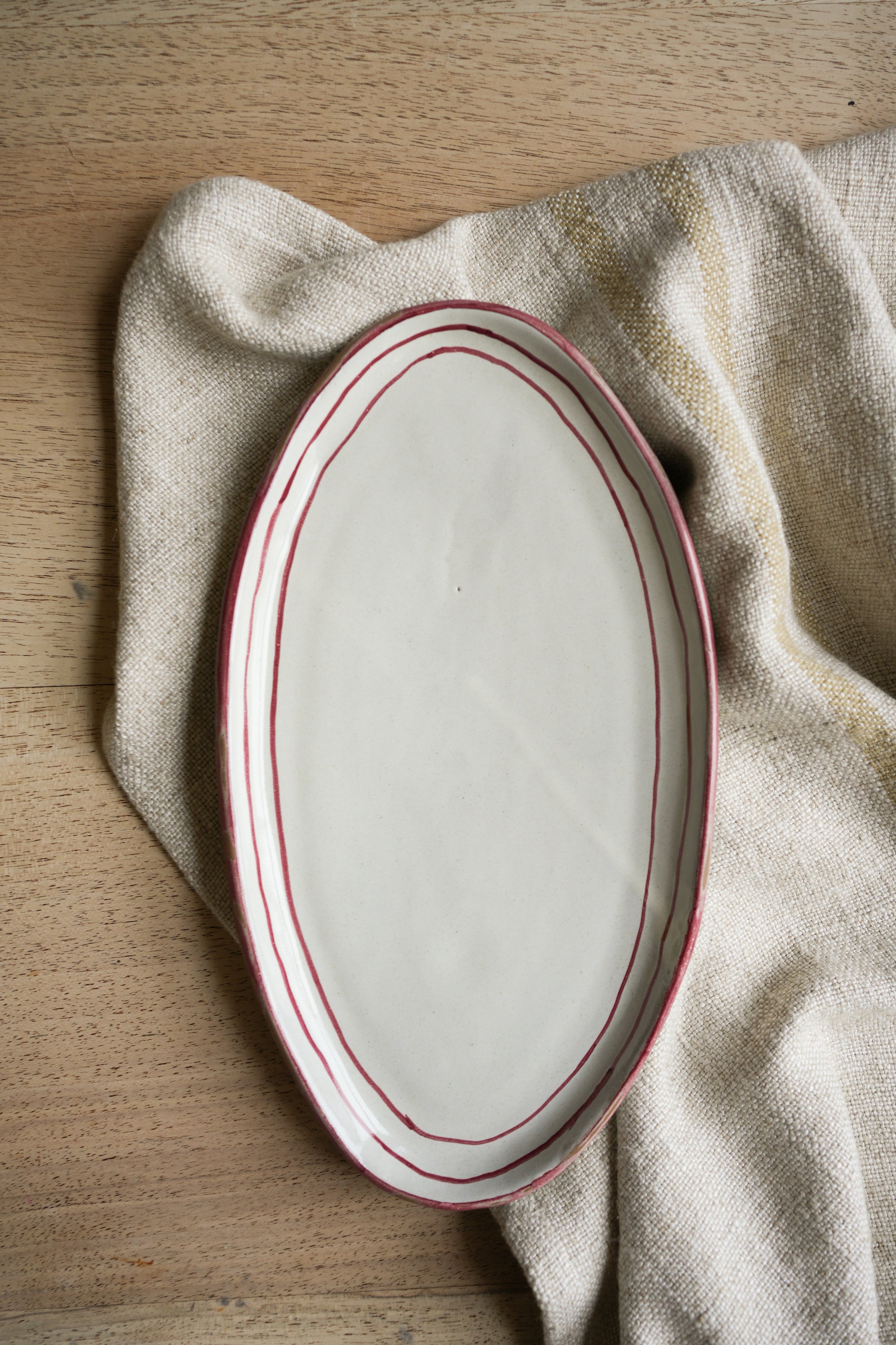 Hand Painted Breton Stripe Oval Plate | Brick