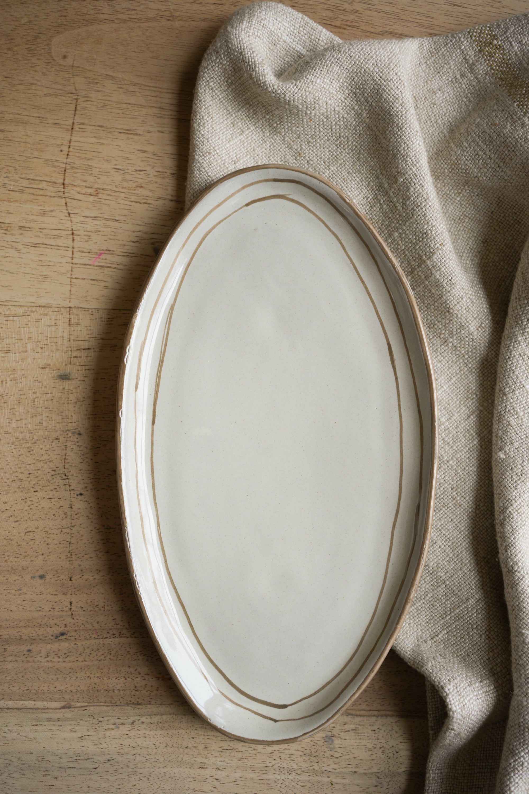 Hand Painted Breton Stripe Oval Plate | Taupe