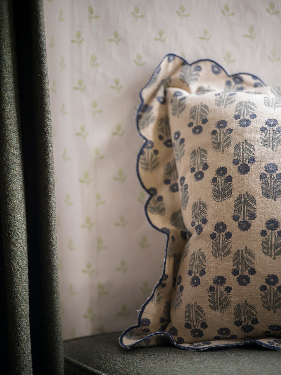 Scallop Blockprint Cushion | Denim
