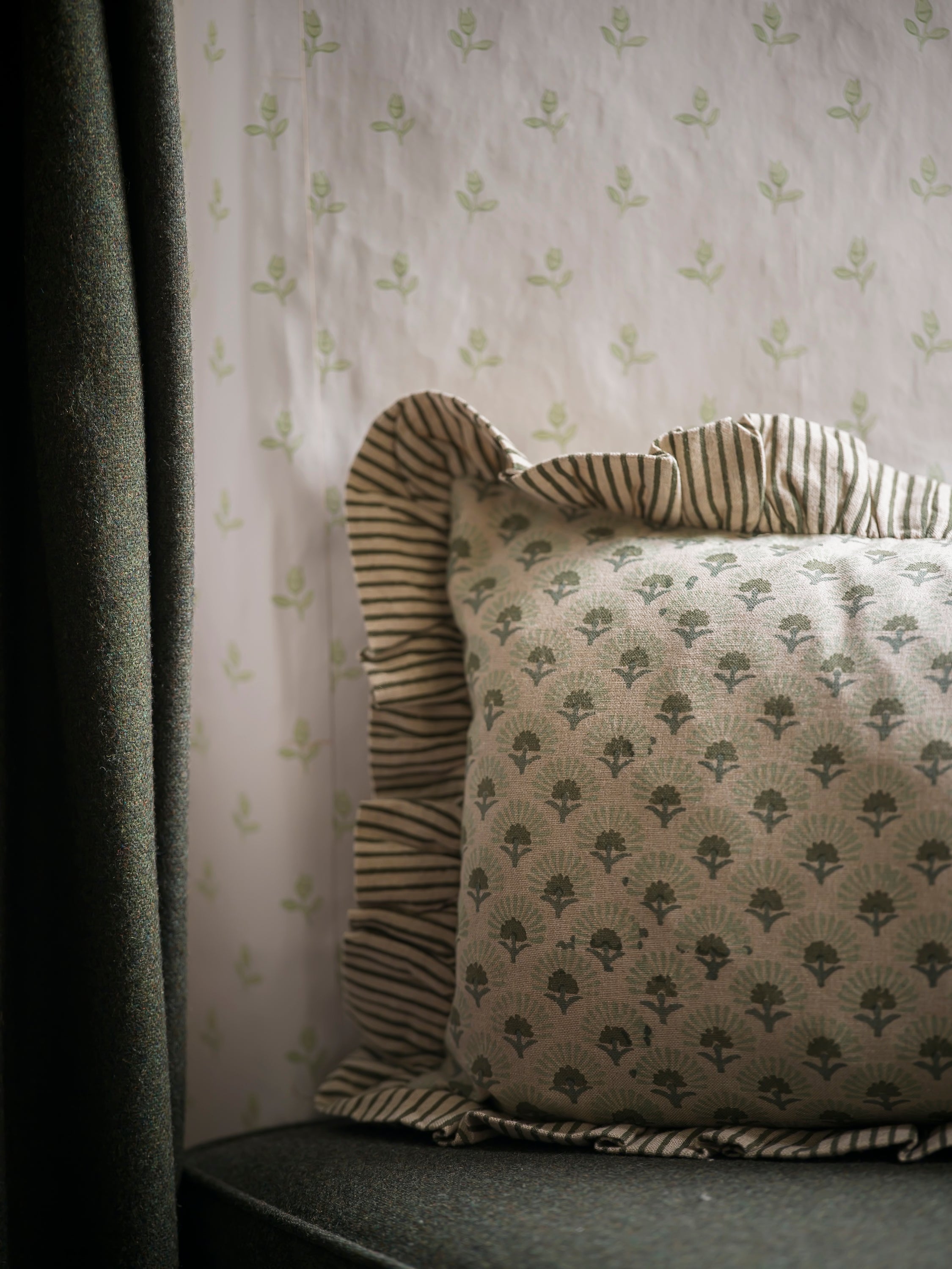 Fanflower Block Print Cushion | Forest