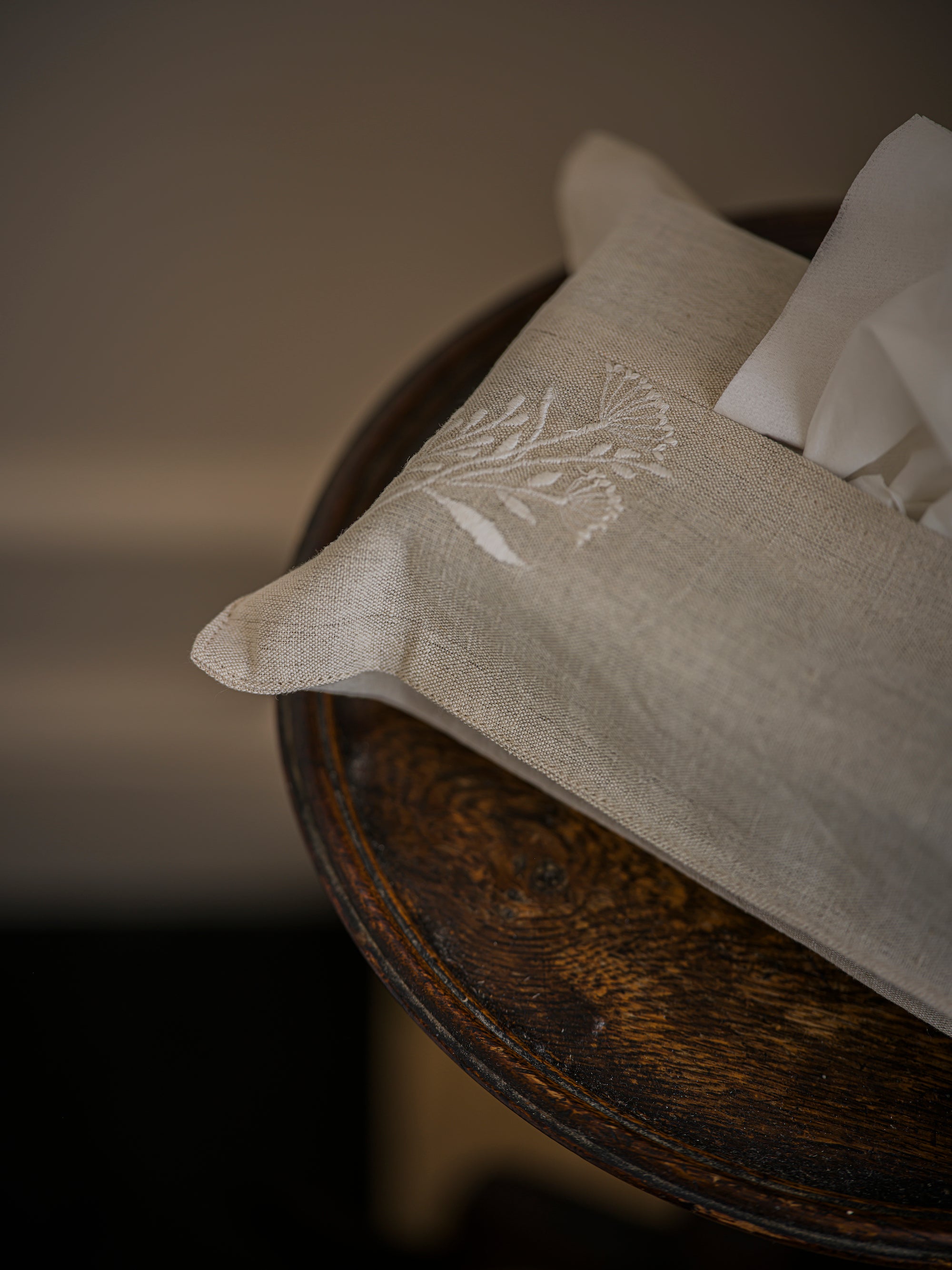 Linen Embroidered Tissue Box Cover