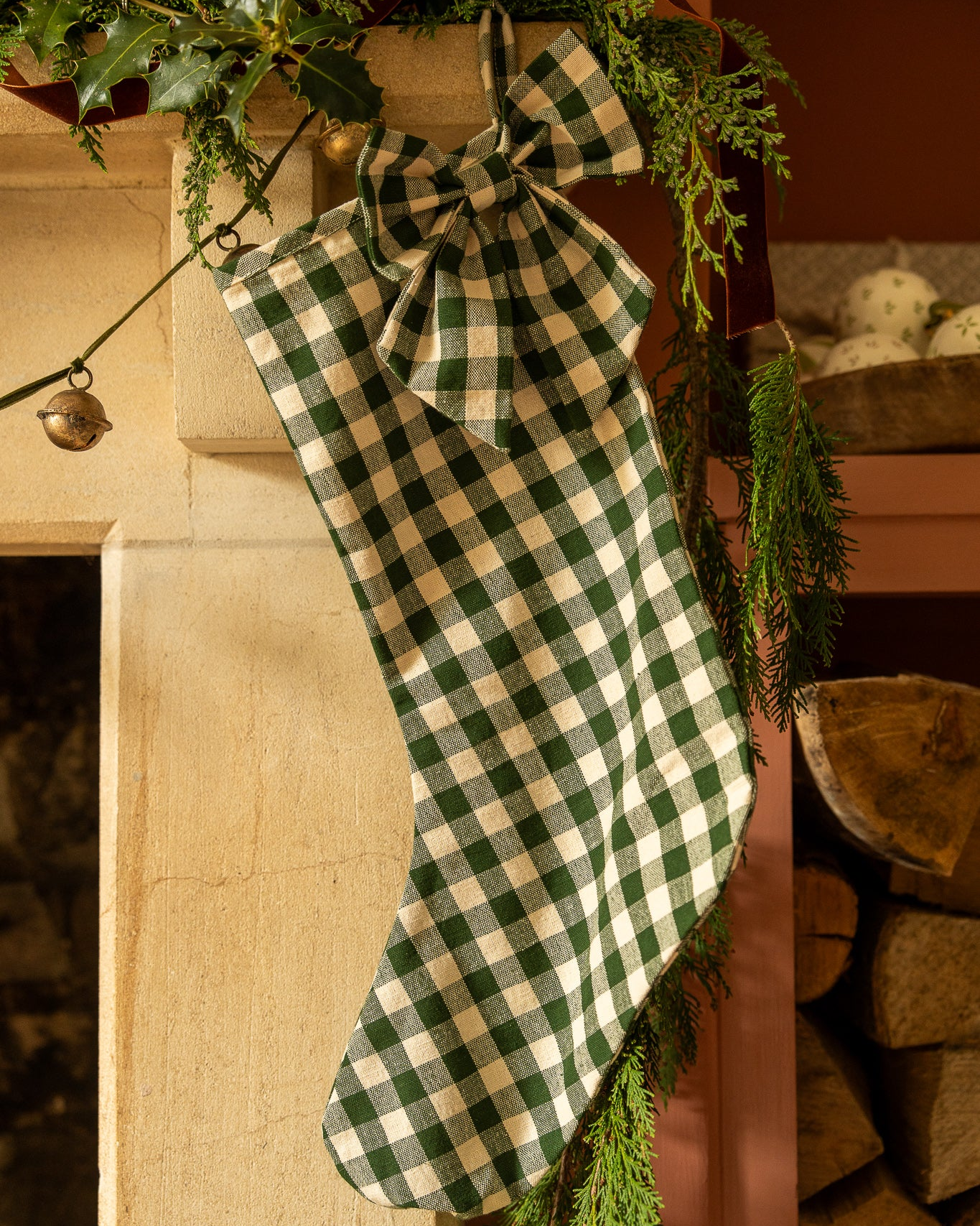 The Bow Stocking - Gingham in Pine Green