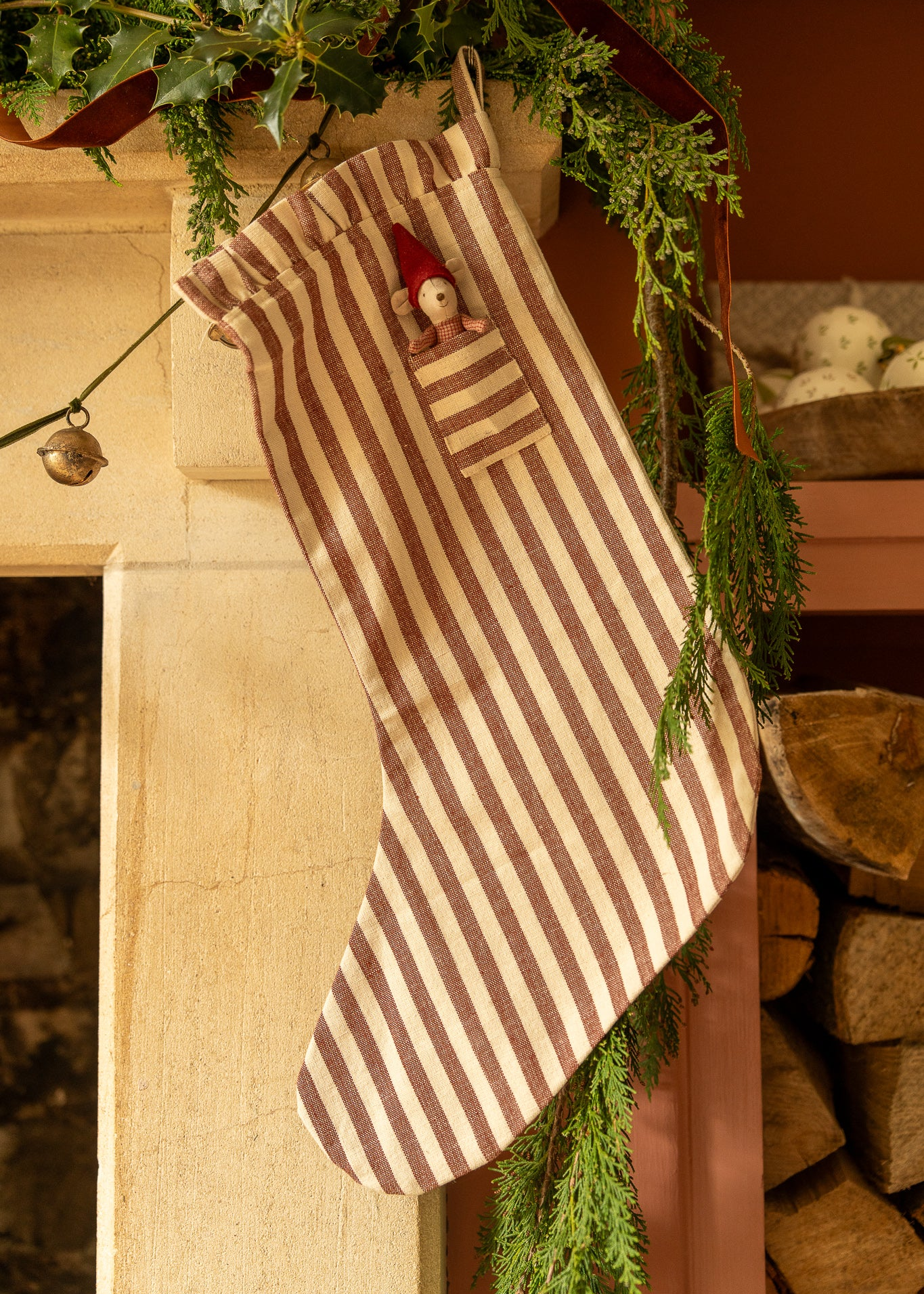 The Pocket Ruffle Stocking - Stripe in Winter Berry