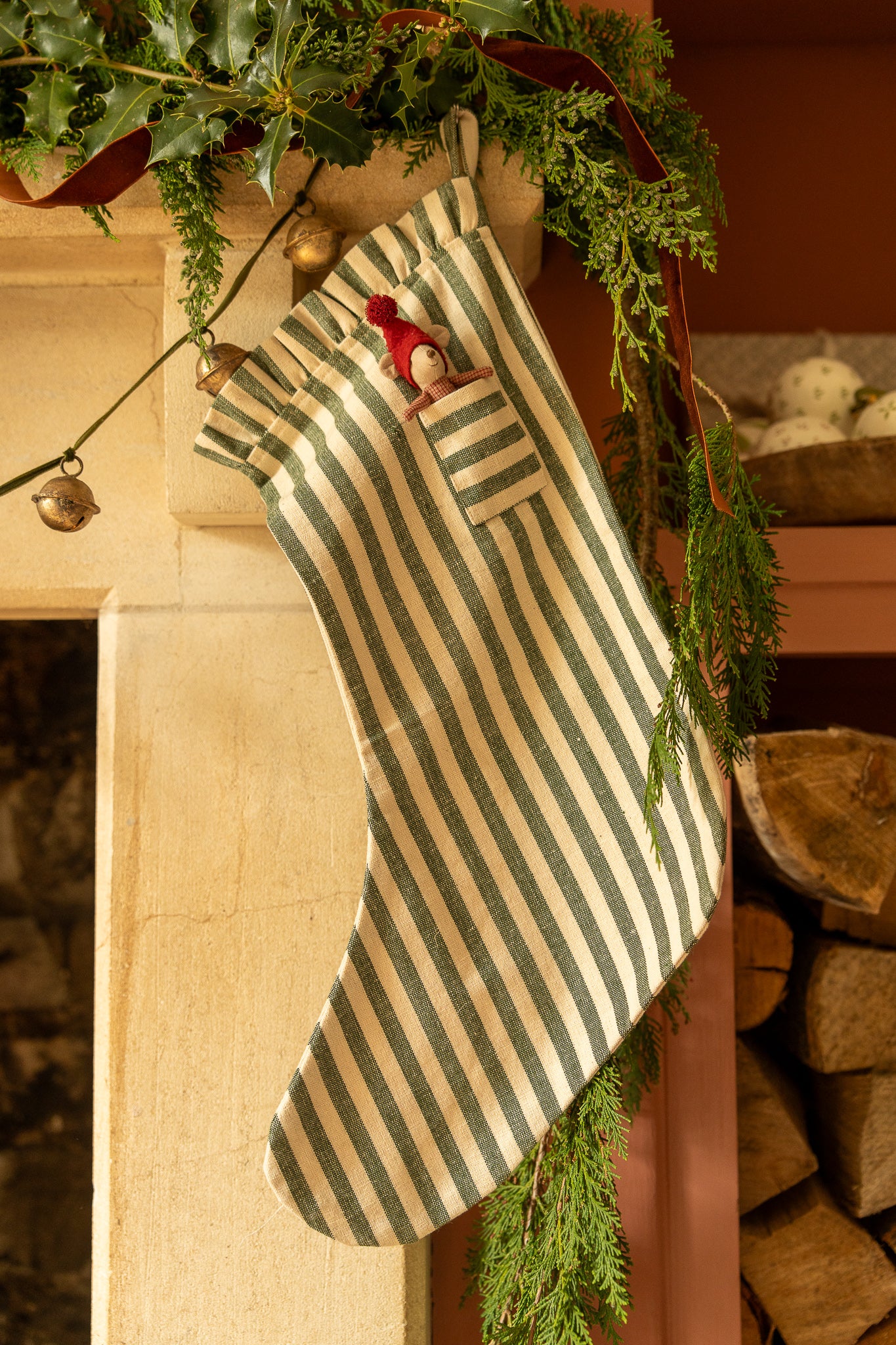 The Pocket Ruffle Stocking - Stripe in Pine Green