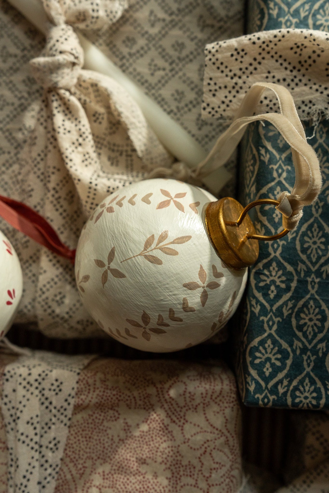 Hand-Painted Baubles with Velvet Ribbon - Taupe