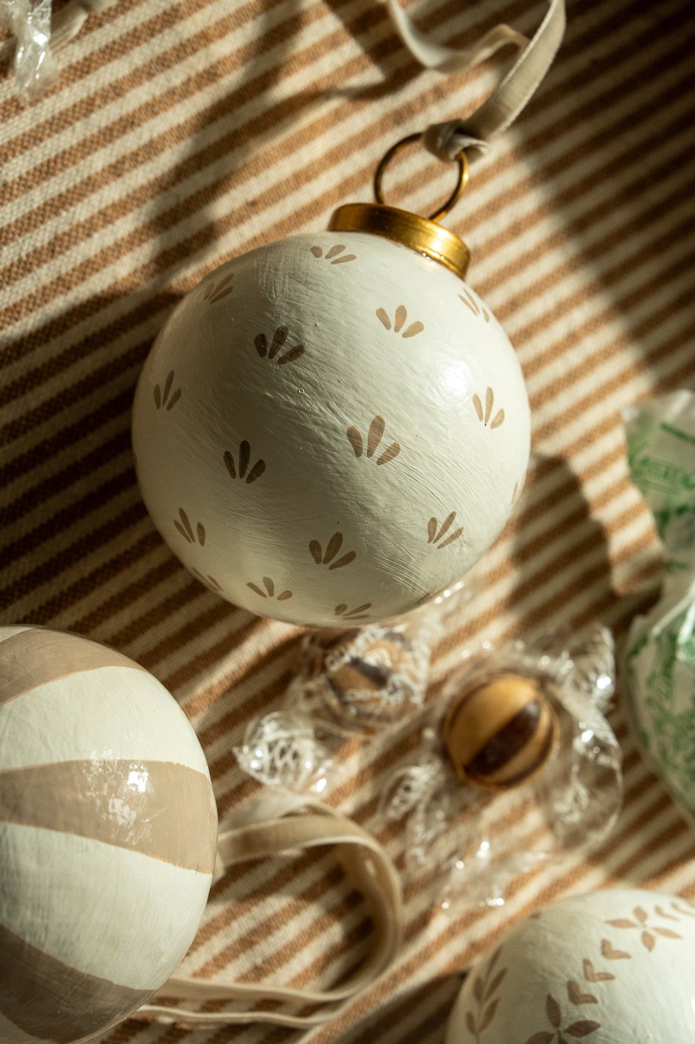 Hand-Painted Baubles with Velvet Ribbon - Taupe
