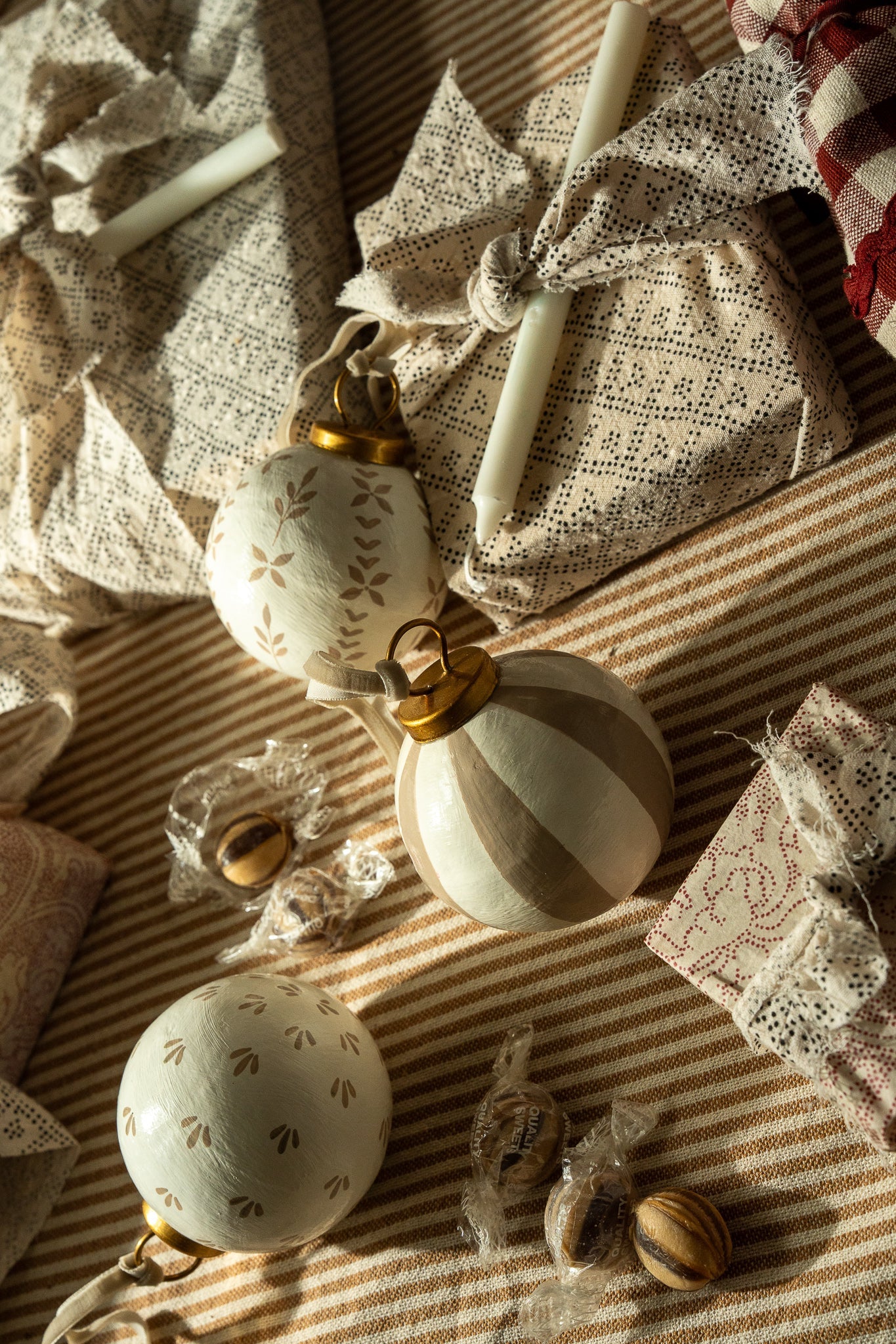 Hand-Painted Baubles with Velvet Ribbon - Taupe