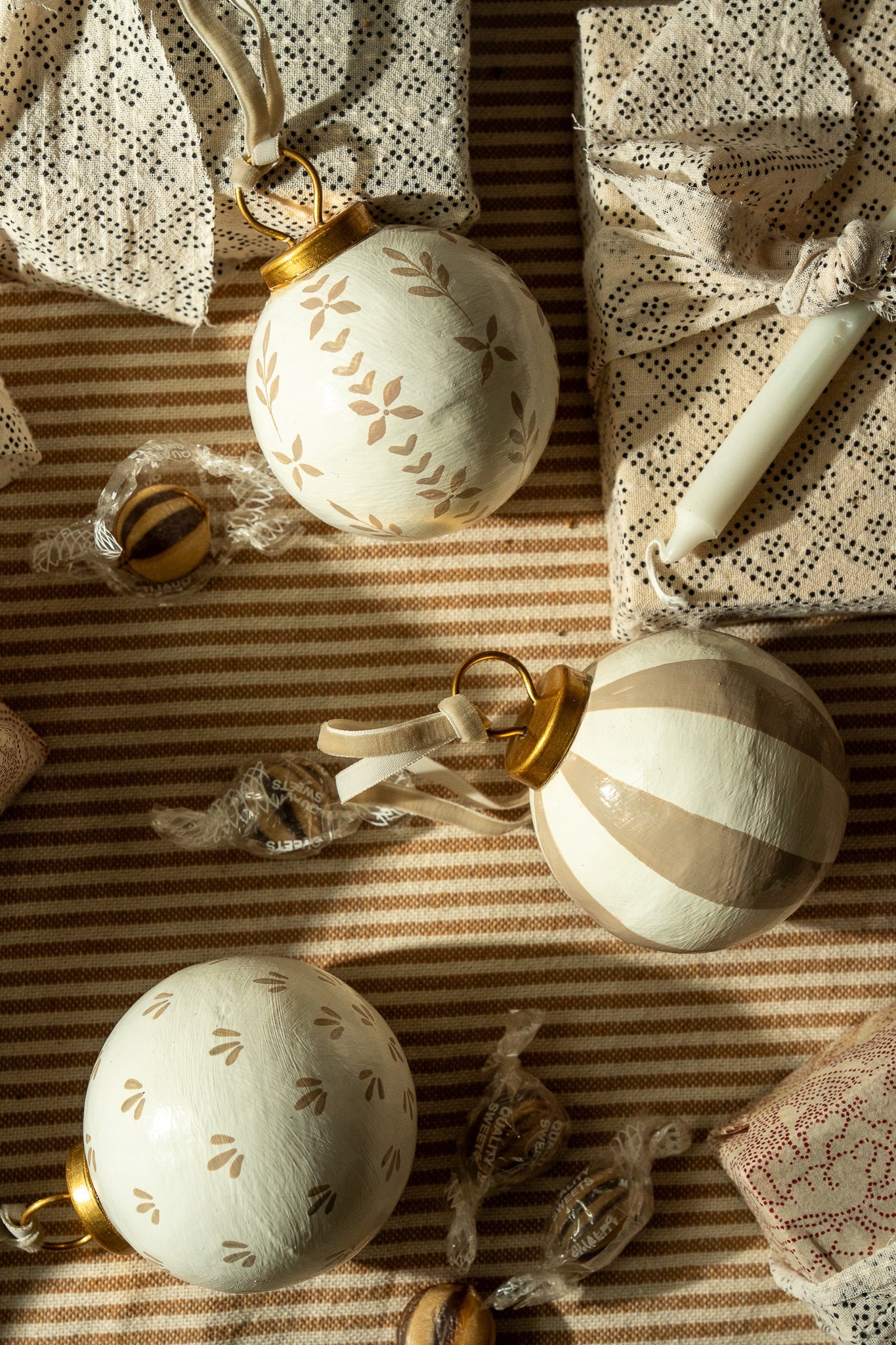 Hand-Painted Baubles with Velvet Ribbon - Taupe