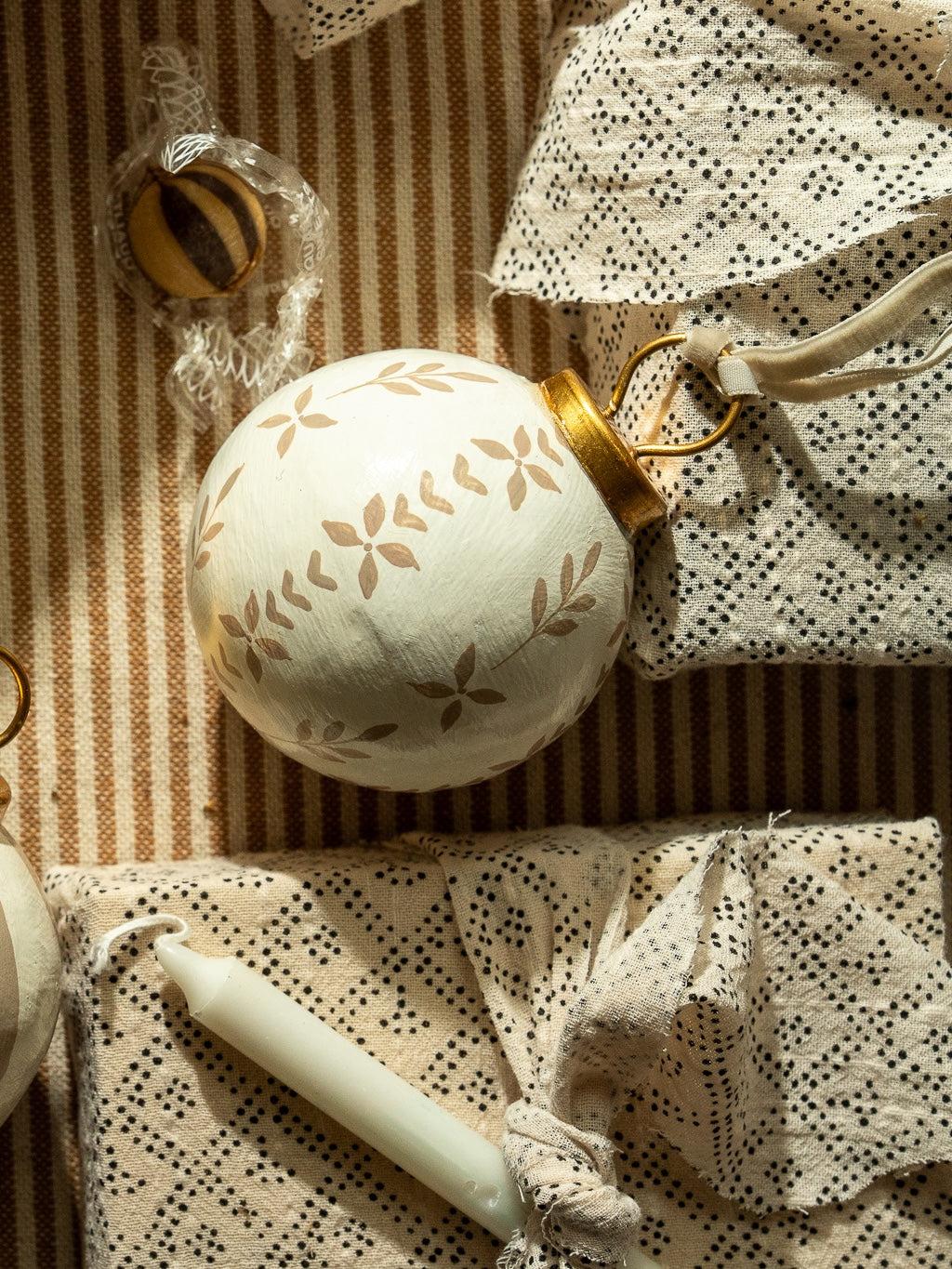 Hand-Painted Baubles with Velvet Ribbon - Taupe