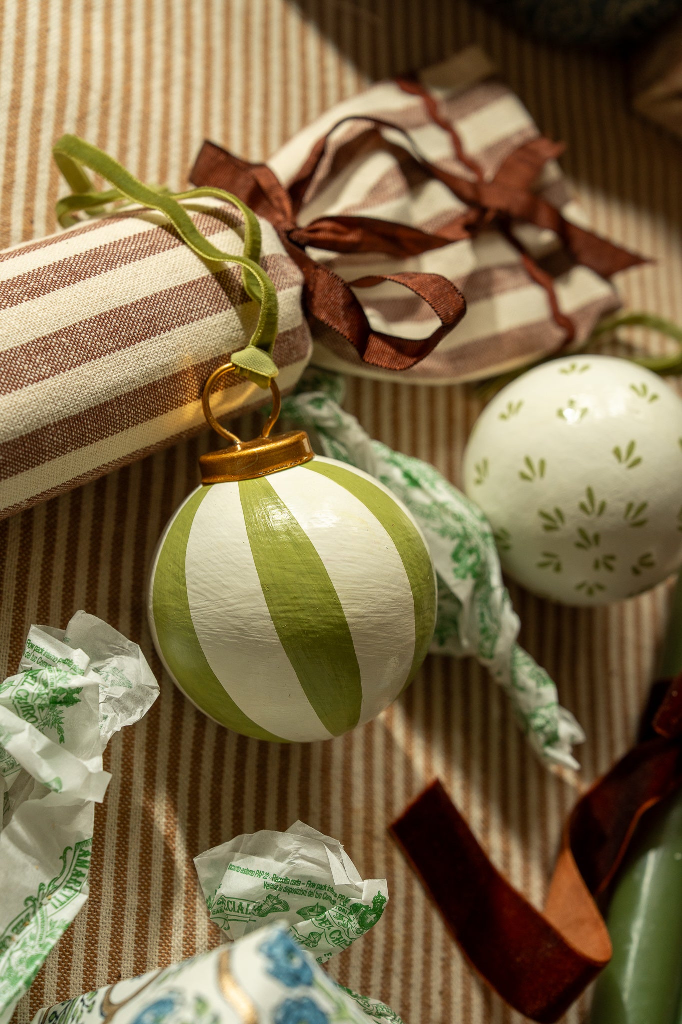Hand-Painted Baubles with Velvet Ribbon - Green