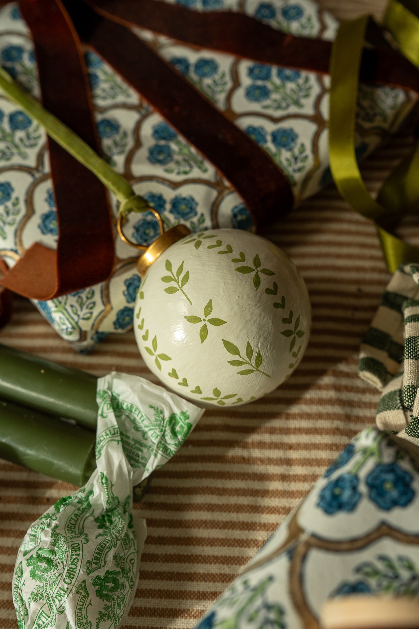 Hand-Painted Baubles with Velvet Ribbon - Green