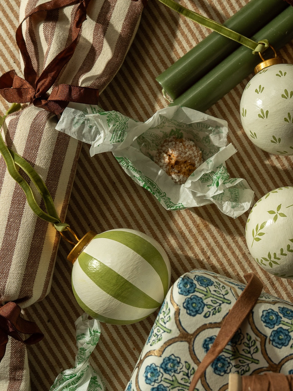 Hand-Painted Baubles with Velvet Ribbon - Green