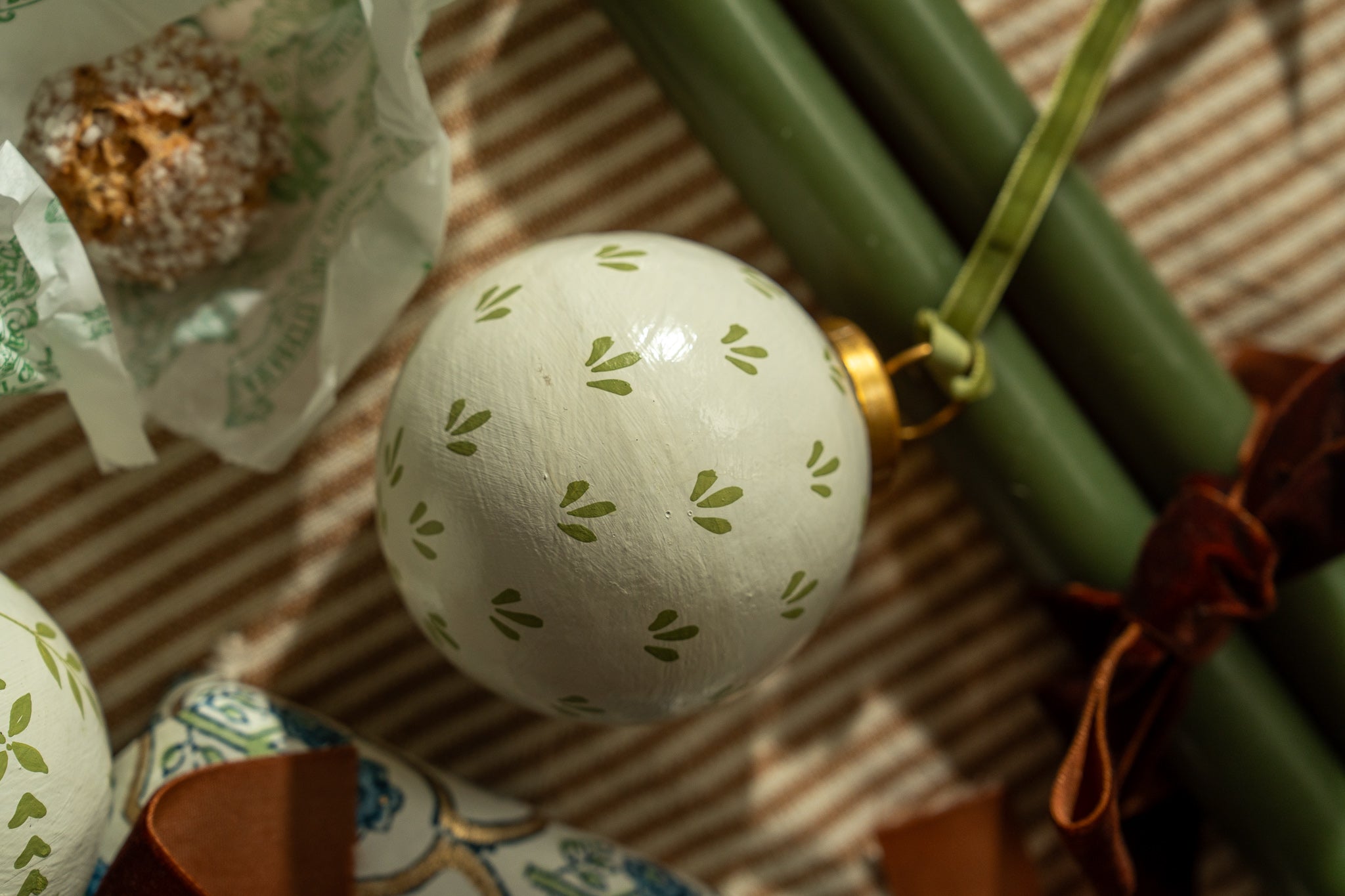 Hand-Painted Baubles with Velvet Ribbon - Green