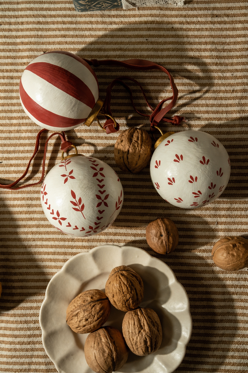 Hand-Painted Baubles with Velvet Ribbon - Red