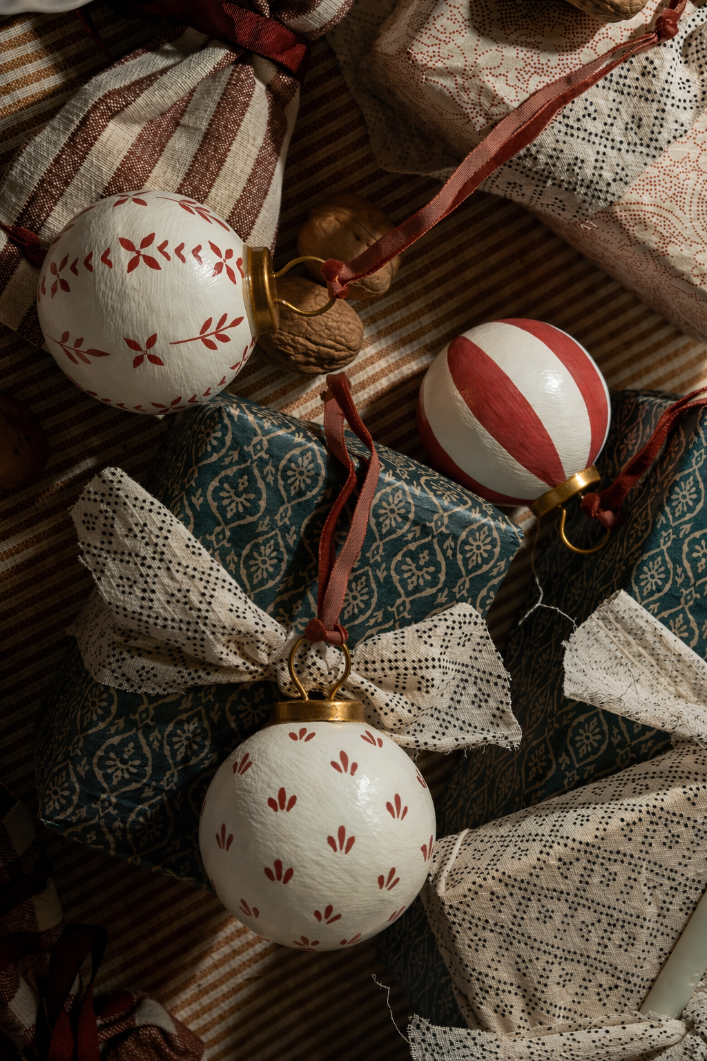 Hand-Painted Baubles with Velvet Ribbon - Red