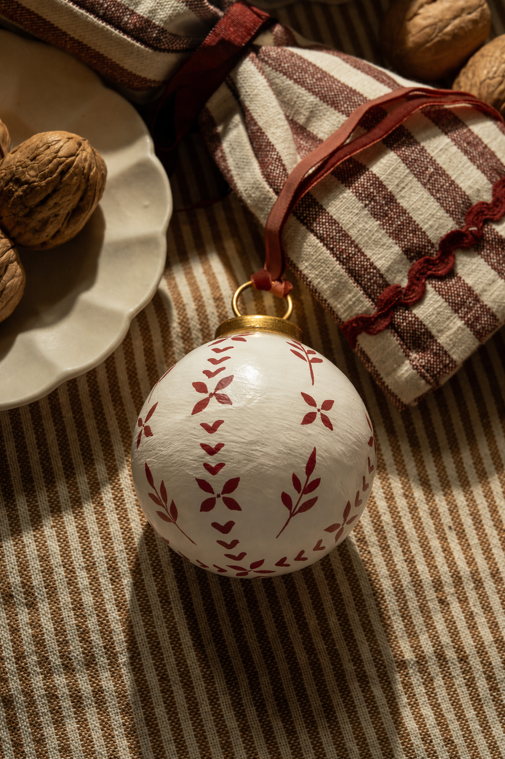Hand-Painted Baubles with Velvet Ribbon - Red