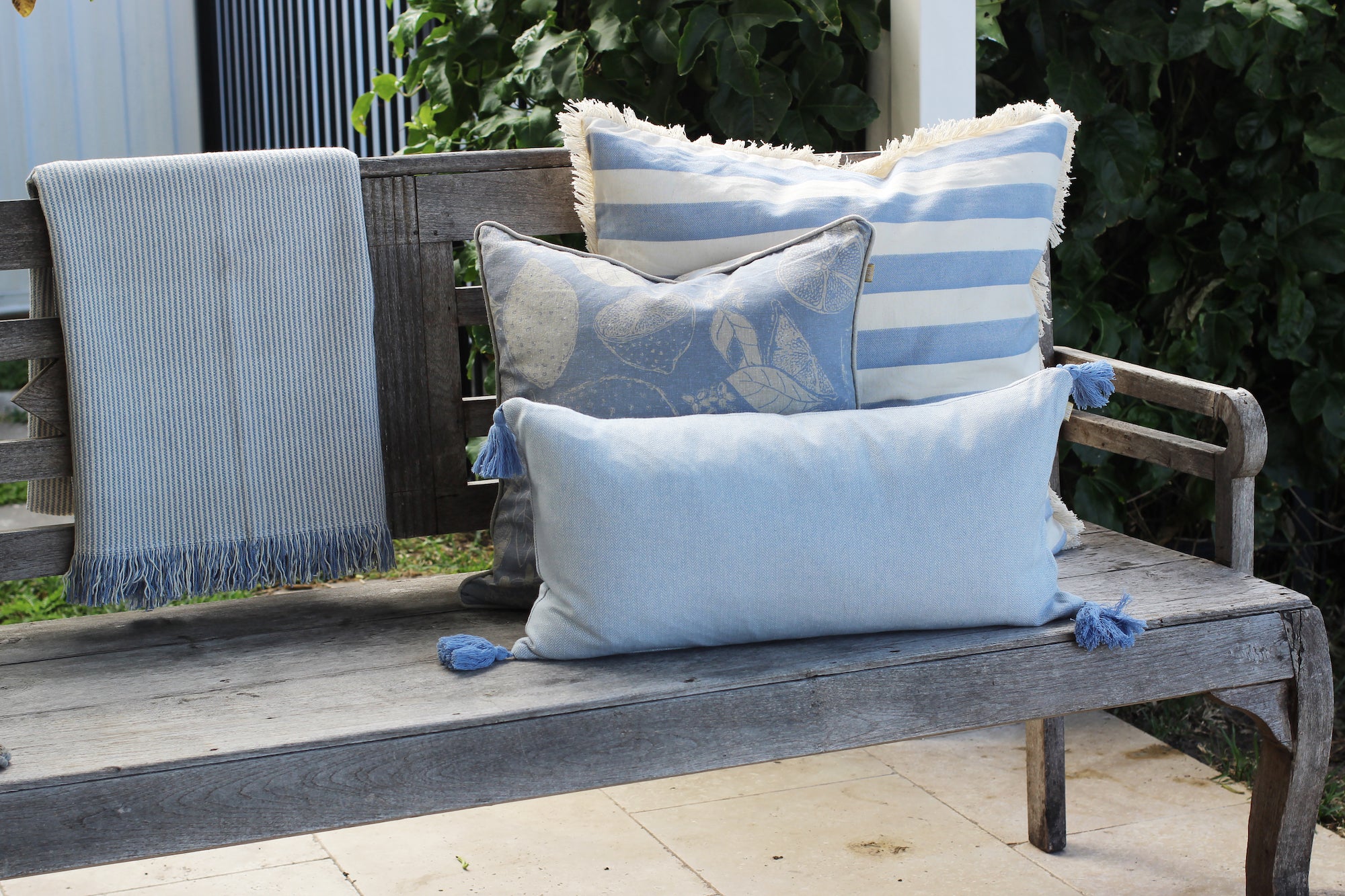 Cotton Herringbone Breakfast Cushion Blue 60 x 30cm