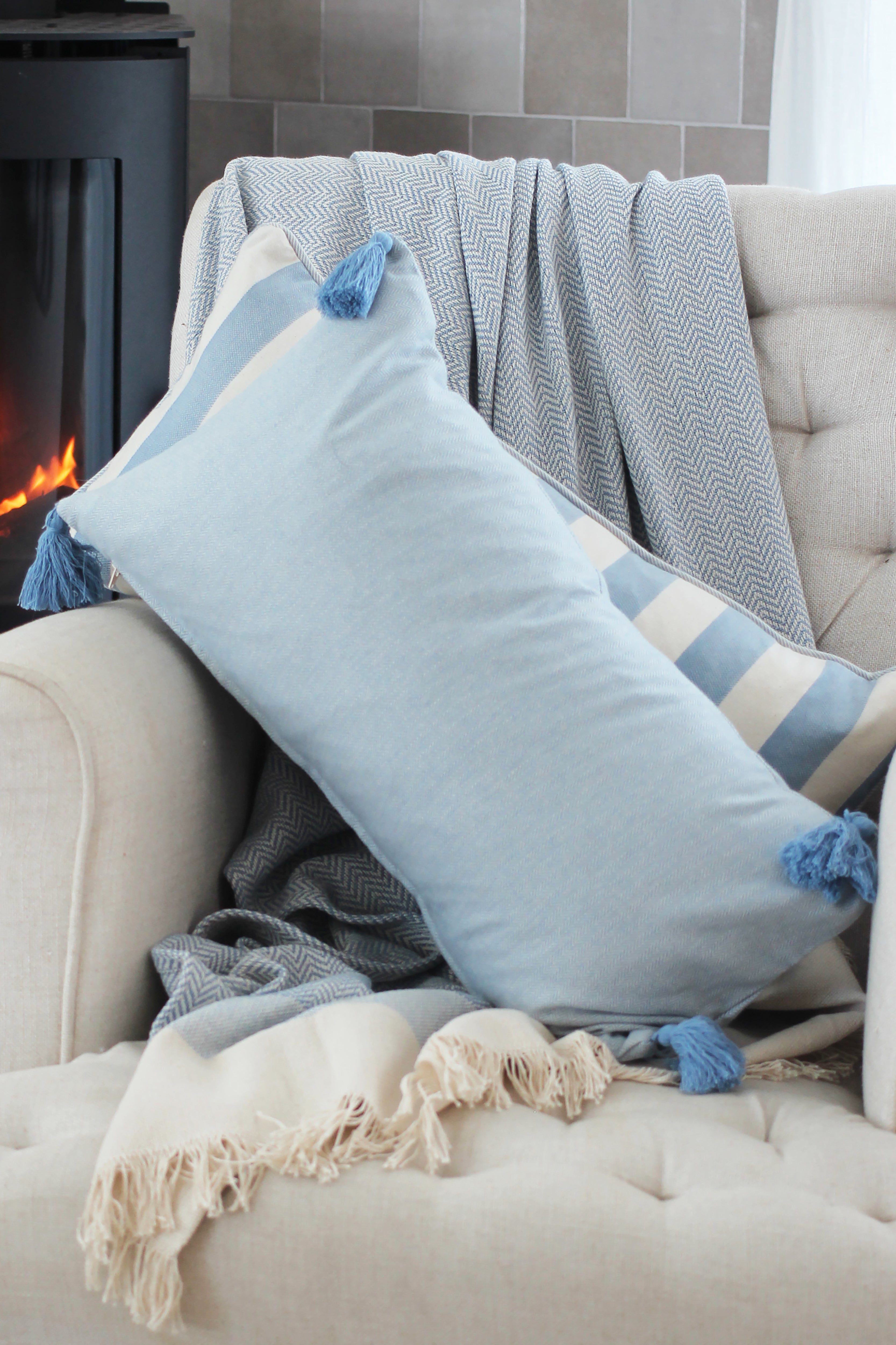 Cotton Herringbone Breakfast Cushion Blue 60 x 30cm